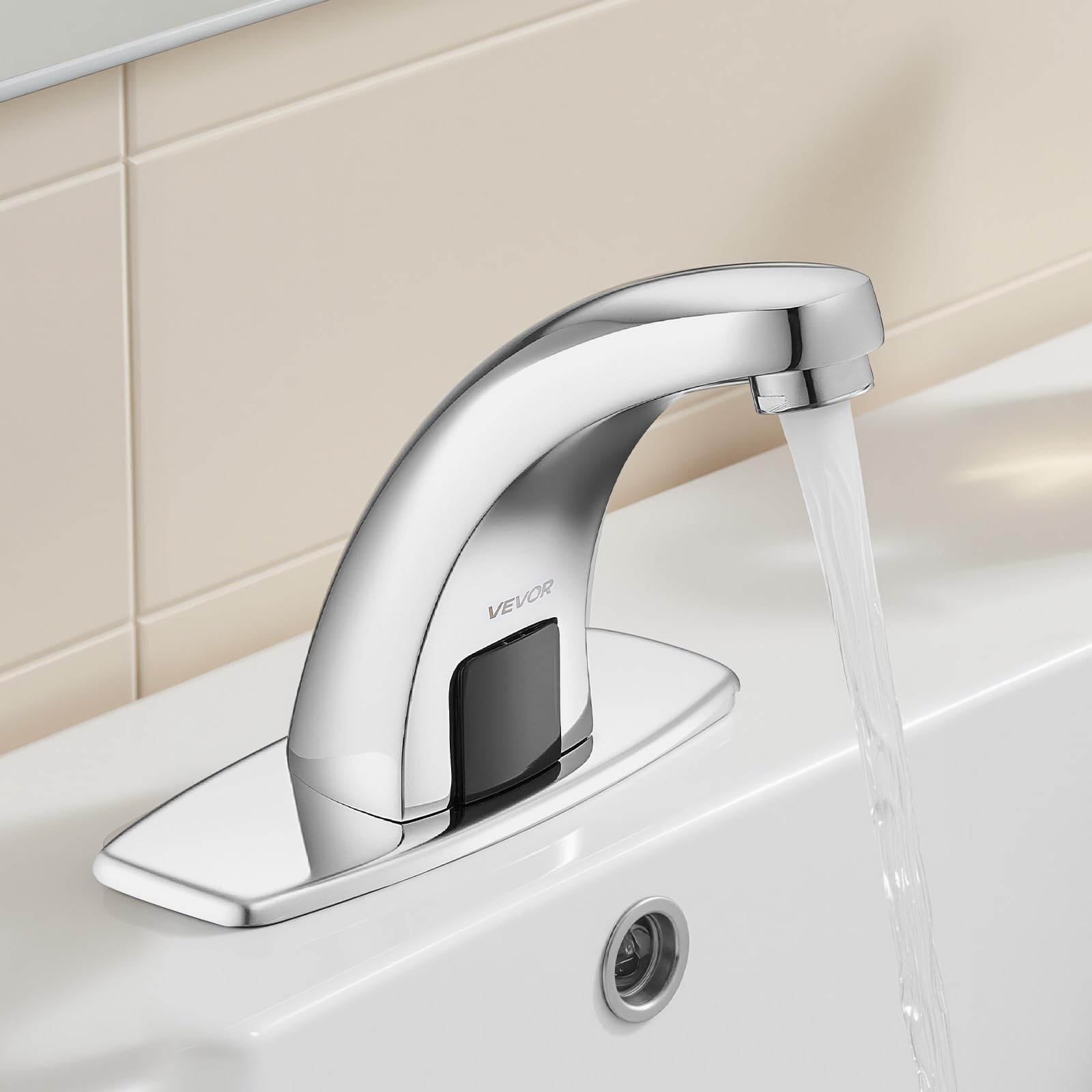 VEVOR Robinet Automatique sans Contact, Mitigeur à Capteur de Mouvement, Eau Froide, avec Plaque de Protection, Fonctionne sur Piles, pour Tuyau de 9,5 mm, Lavabo Évier Cuisine, Chromé Argenté