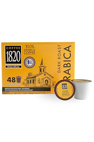 Café 1820 Premium - Tazas de café molido clásicas costarricenses, tostadas oscuras con notas afrutadas, K-Cups compatibles con máquinas Keurig, 48