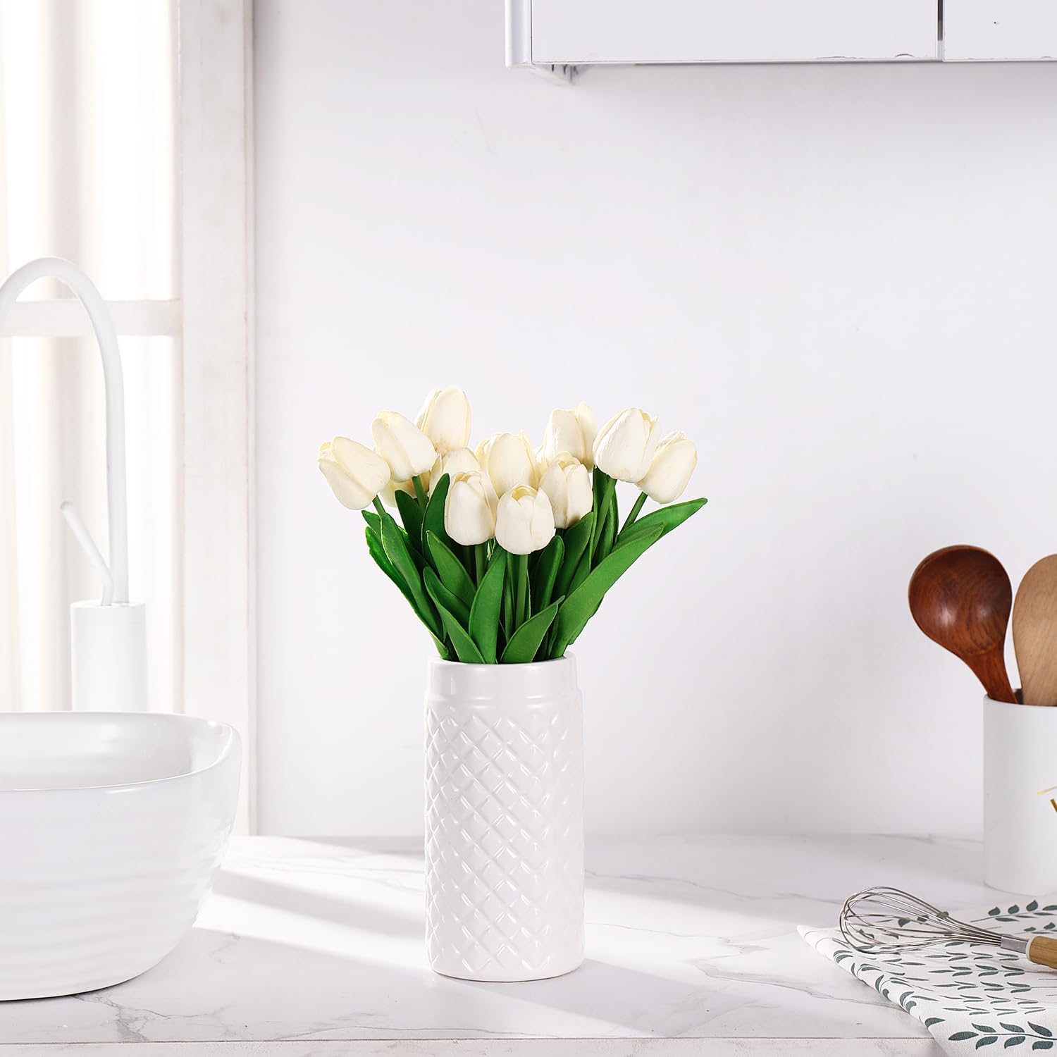 White Ceramic Vase for Flowers, White Ribbed Vase, Large Ceramic Vases, Modern Decorative Vases for Home Decor, Living Room, Office, Fireplace, Dining Table, 8 inches - Image 5