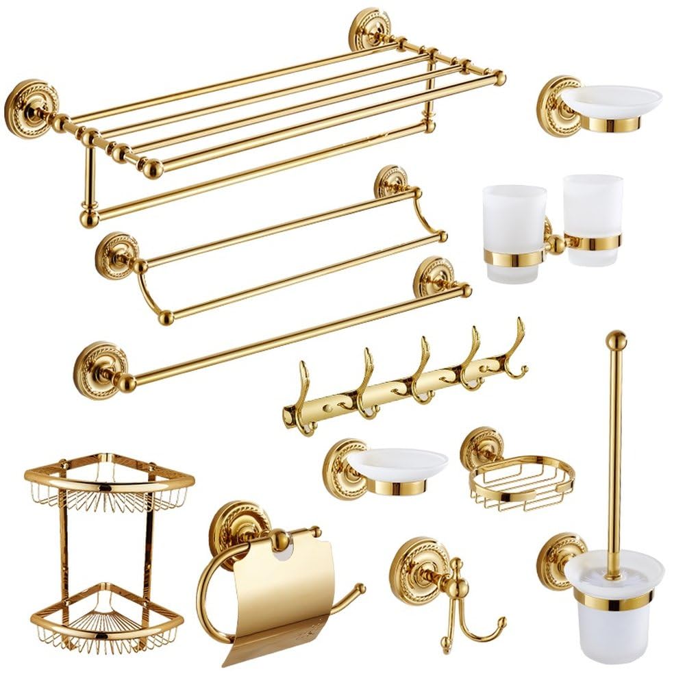 Juego de Accesorios de baño de latón Dorado: toallero, portarrollos de Papel higiénico, portacepillos de Inodoro, Ganchos para Colgar Toallas, aro para Toallas, jabonera.