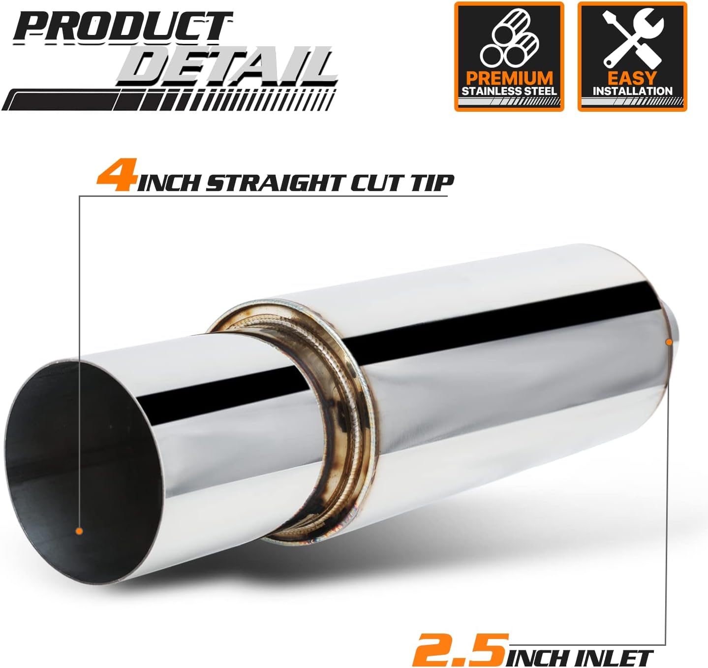 M-AUTO Universal Exhaust Muffler, Stainless Steel Exhaust Stright Cut Tip, 2.5" Inlet 4" Outlet Exhaust Muffler Assembly, 17" Overall Length, Chrome