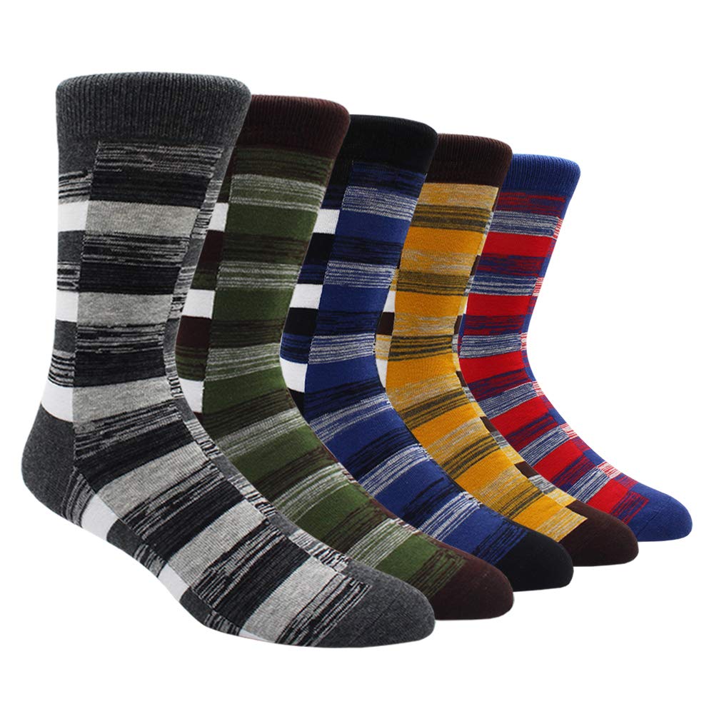 TOEJYJ Mens Fun Dress Socks, Pattern Funny Casual Socks Pack, Colorful Striped Cotton Novelty Socks Size 10-13