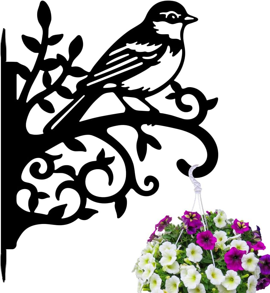 peacoblue Iron Plant Hangers Hooks 11.6"x15.2" for Outdoor Indoor Hanging Plants Flower Fern Pots Lantern Bird Feeder, Weather Resistant Metal Wall Holder for Porch Garden(Sparrow Bird on Branch)
