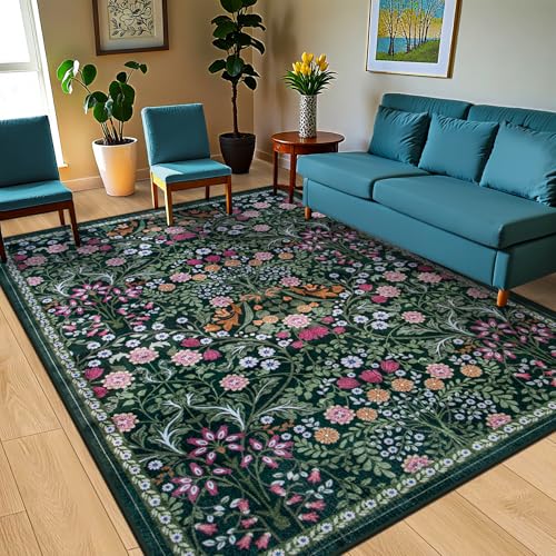 8x10 Area Rugs for Living Room: Floral Washable Rug Vintage Large Soft Boho Non-Slip Carpet Indoor Floor Stain Resistant Carpets for Bedroom Dining Room Farmhouse Nursery Home Office Dark Green