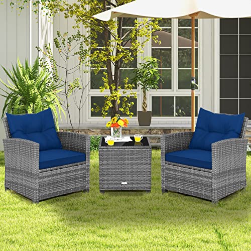 Image of Tangkula 3 Pieces Patio Furniture Set, Outdoor PE Rattan Conversation Chair Set with Tempered Glass Side Table and Removable Cushions, PE Wicker Chairs and Table Set for Porch, Balcony and Garden