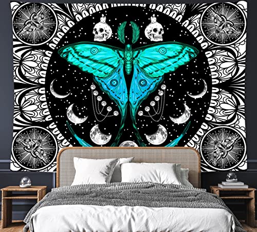 FREEHOTU Moth Moon Phase Tapestry Witchy Tapestry 80" X 60" Black and White Wall Hanging Party Decorations Bedding Wall Blanket Home Decor for Bedroom Living Room Dorm (200 X 150cm)