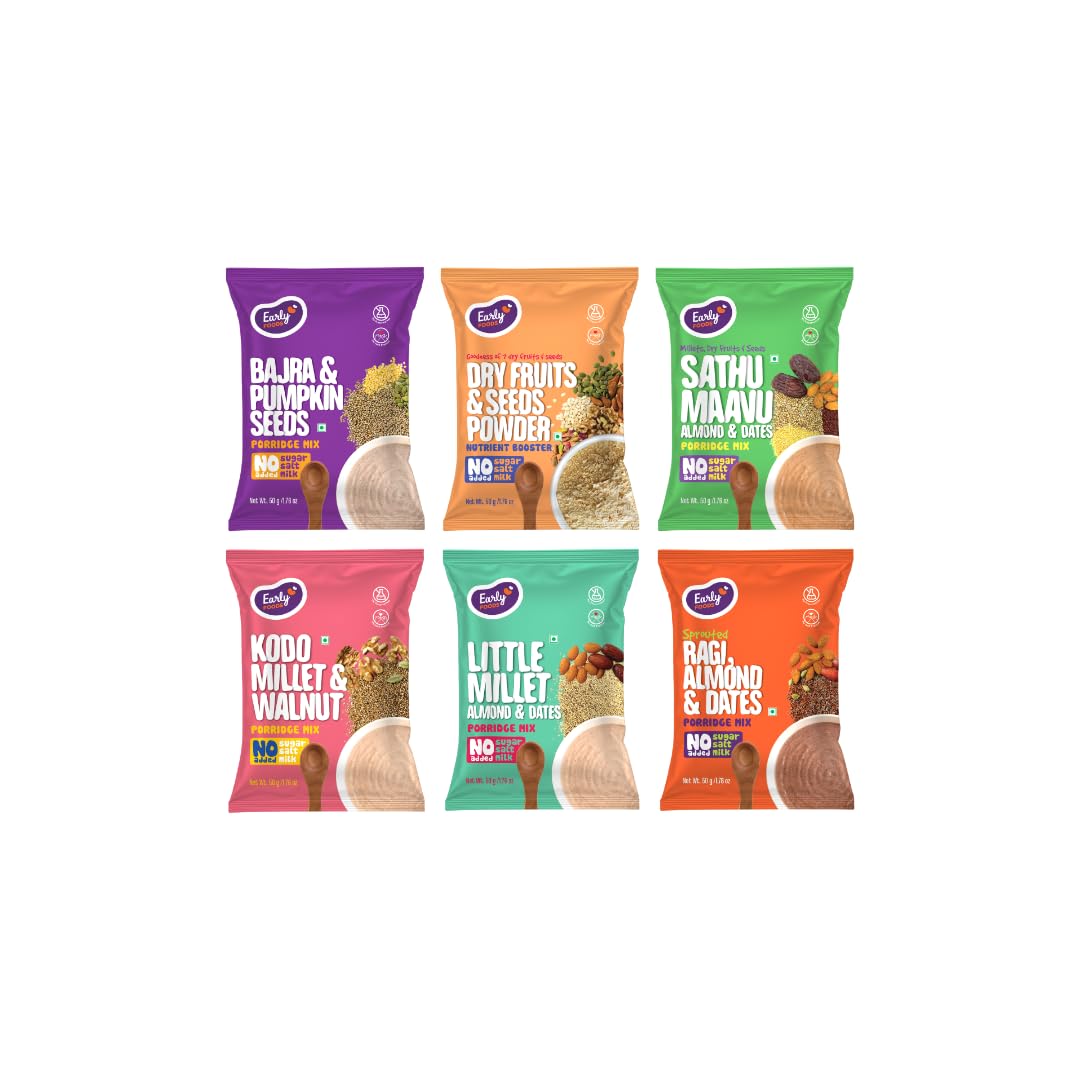 Early Foods - No Added Sugar No Salt Cereals - Trial Pack Combo of Sprouted Ragi Powder, Sathu Maavu, Bajra, Millet Porridge Mixes with Dry Fruit Powder | No Milk Powder 50g X 6-image-49