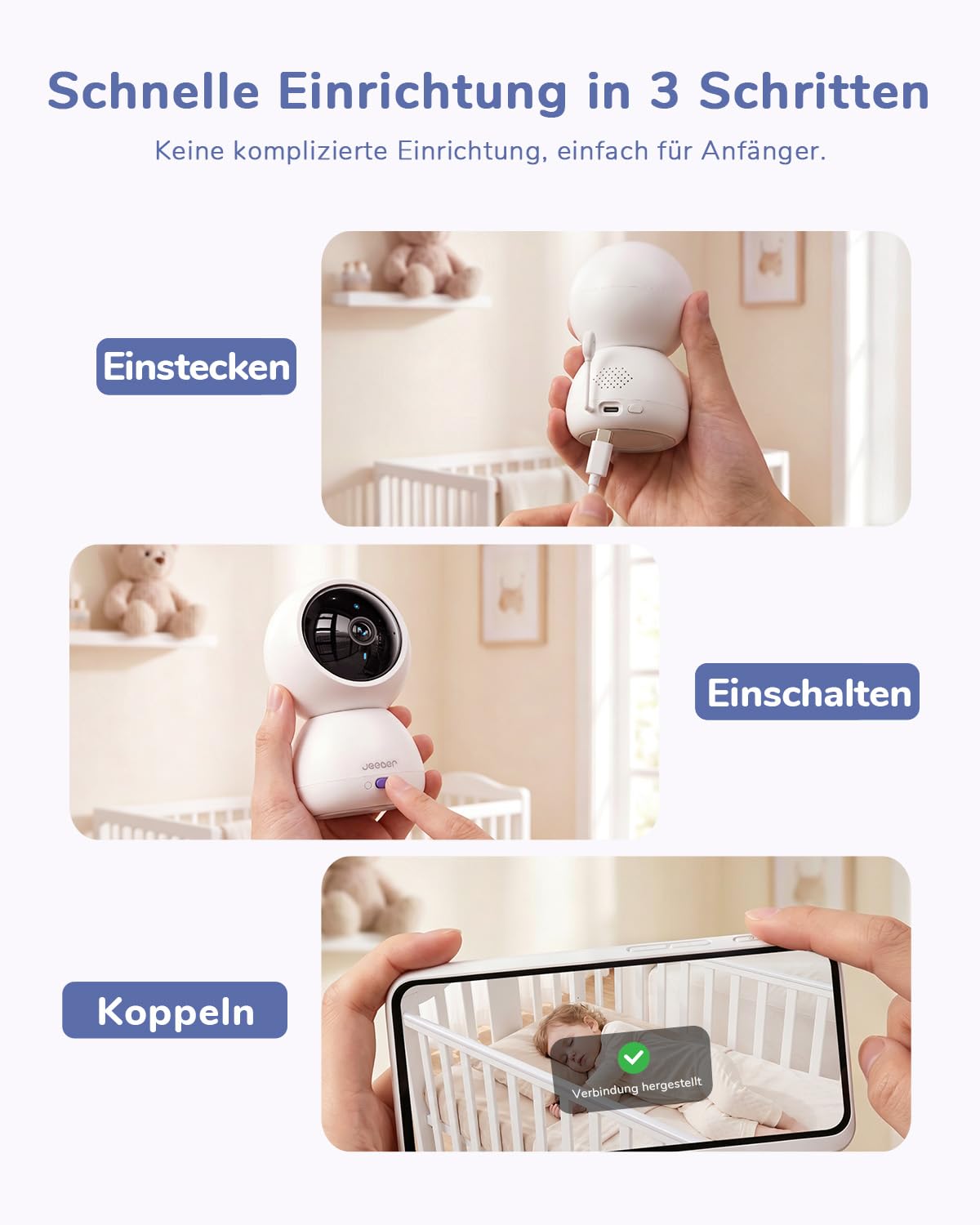 Touchscreen & Split-Screen, 6.5" WLAN Babyphone mit Kamera und App | Pinch-to-Zoom & 5X Zoom, PTZ 360°, 4MP, HDR-Nachtsicht Video Babyphone, VOX Modus, 2-Wege-Audio, Bewegungs/Geräuscherkennung