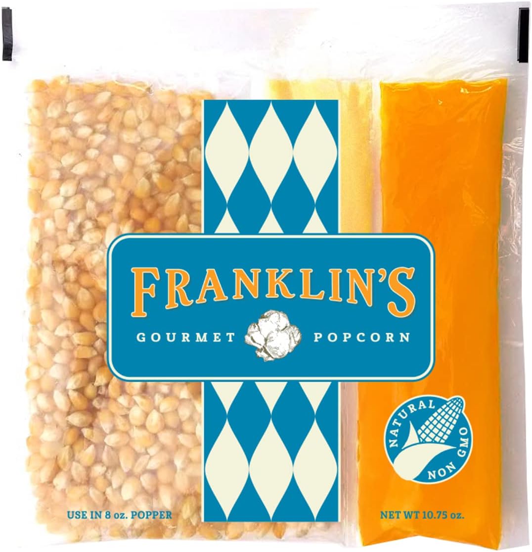Franklin’s Gourmet Popcorn All-In-One Pre-Measured Packs - 8oz. Pack of 24 - Butter Flavored Coconut Oil + Butter Salt Popcorn Seasoning + Organic Corn - Authentic Movie Theater Taste – Made in USA