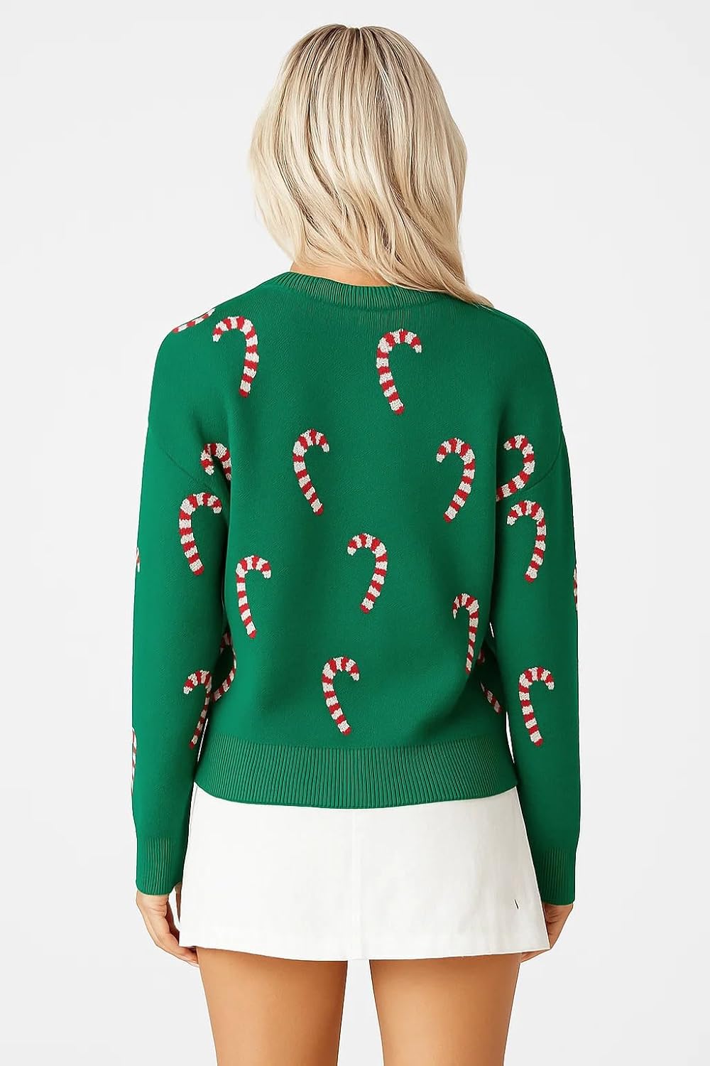 Christmas Sweater for Women Soft Drop Shoulder Pullover Crewneck Cute Candy Cane Holiday Sweater - Image 3