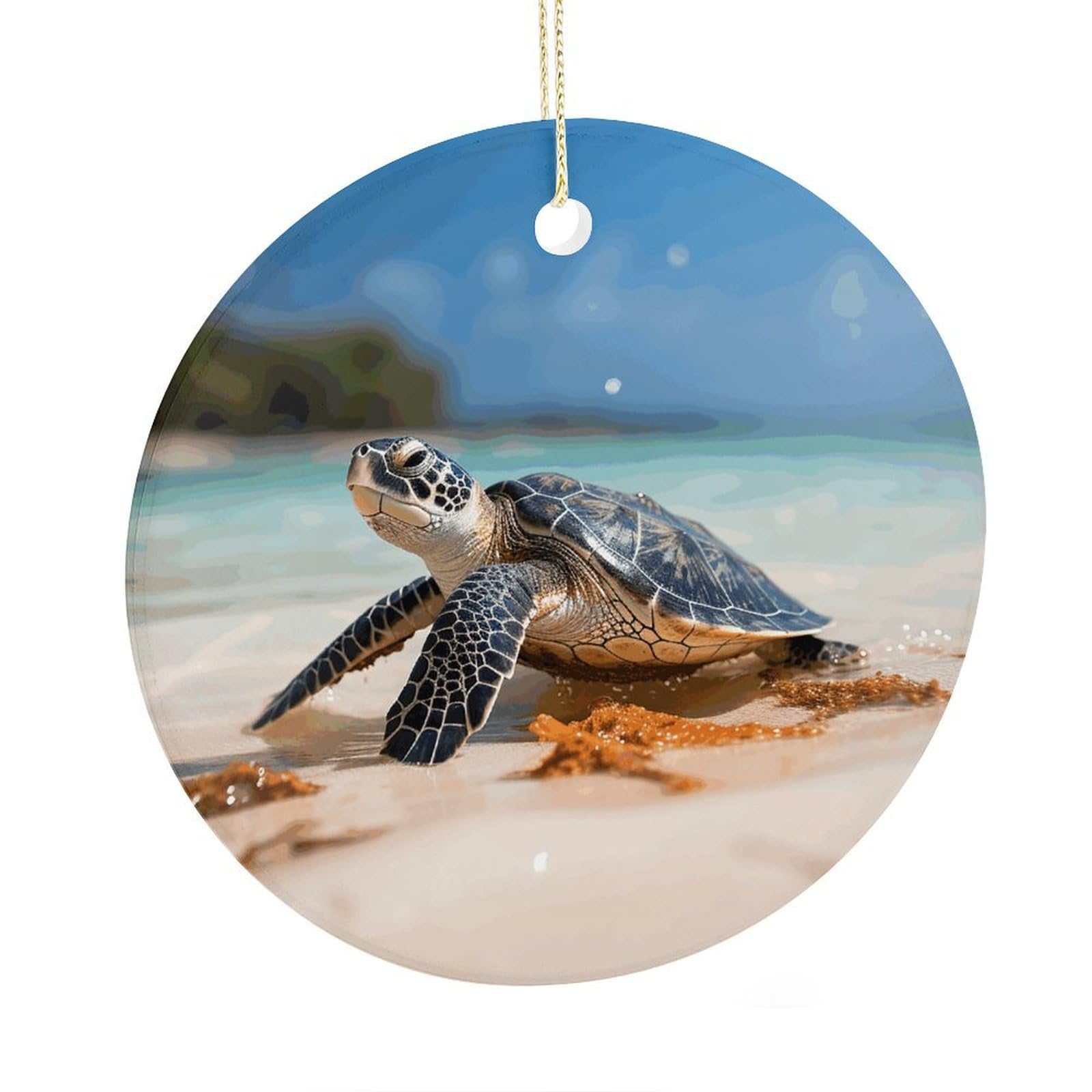 Adfgyerh Style Sea Turtle On The Beach Ceramic Circular Pendant,2.9 Inch，Hanging Ornament，Gift Exchange Idea Round Ceramic Ornament,For Mom And Daughter，For Home Indoor Outdoor Decor.