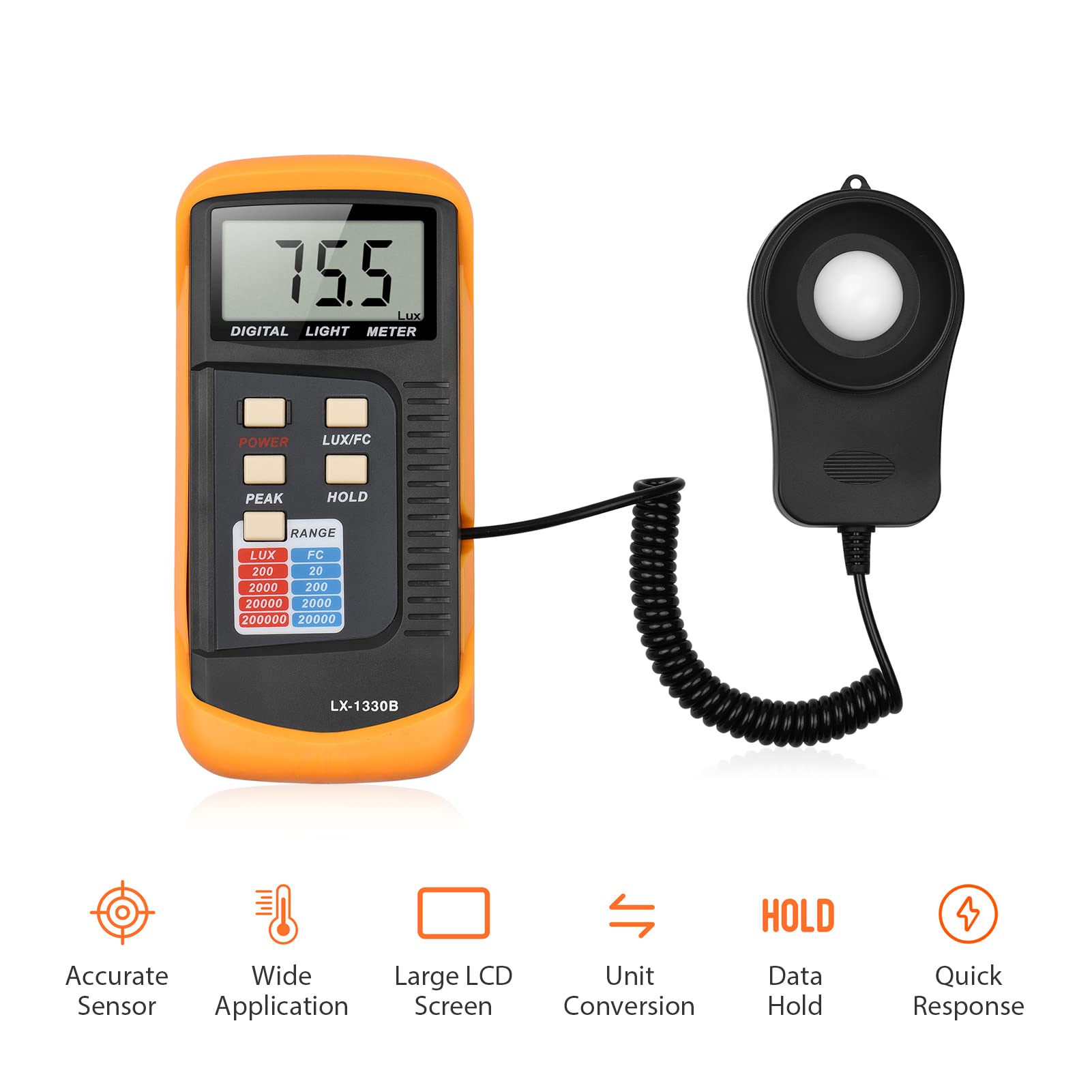 Medidor de luz digital de iluminación manual, rango de 200 a 200.000 lux, fotómetro LCD, portátil, luxímetro de mano con medidor de intensidad de luz de medición máxima para plantas de laboratorio