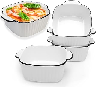 Lot de 4 Mini Plats à Gratin Carrés en Céramique de 400 ML, 14,9x11,5x5,7 CM Plats de Carrés, Mini Plats à Gratin en Céramique avec Poignées, Céramiques Plats de Cuisson, four et Friteuse à air Chaud