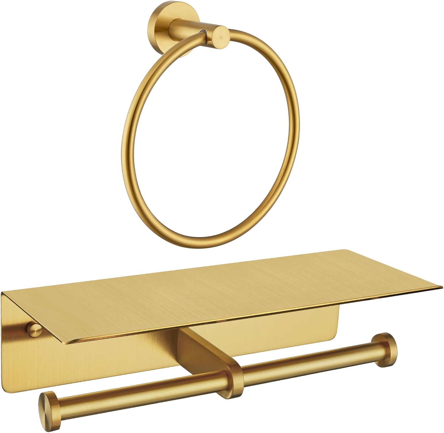 APLusee Double Toilet Paper Holder with Shelf, Hand Towel Ring Bundle, 304 Stainless Steel Wall Mounted Bathroom Accessories Brushed Gold