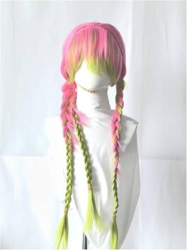 Pink Green Wigs for Women with Wig Cap, Layered Natural Synthetic Wig Costume Gradient Braids Hair Pigtails Anime Cosplay Full Head Wigs for Halloween Christmas Party Carnival