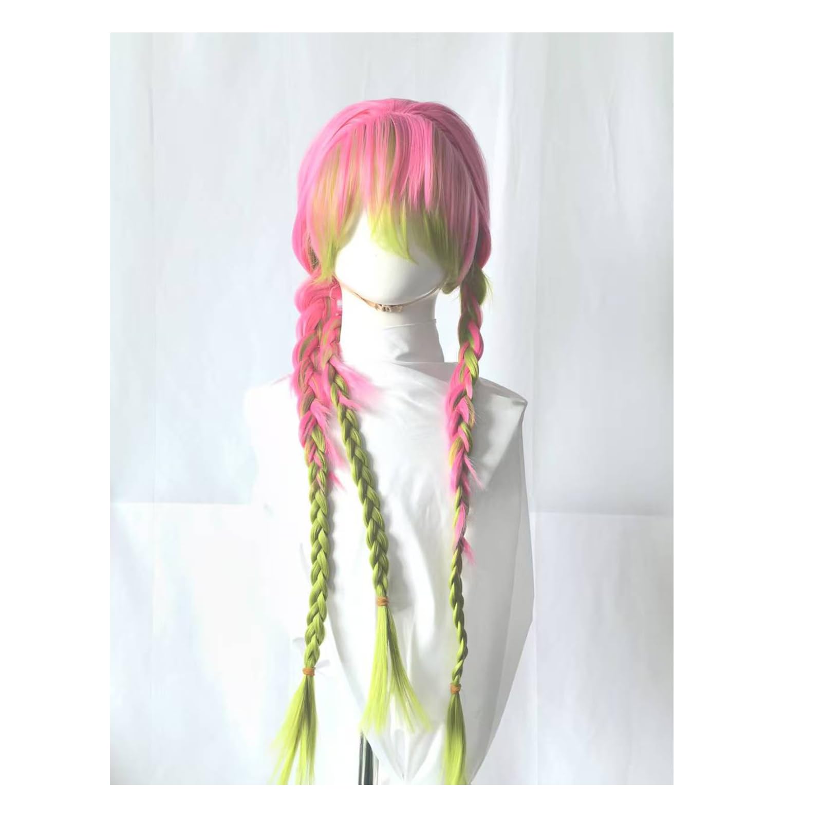 Pink Green Wigs for Women with Wig Cap, Layered Natural Synthetic Wig Costume Gradient Braids Hair Pigtails Anime Cosplay Full Head Wigs for Halloween Christmas Party Carnival
