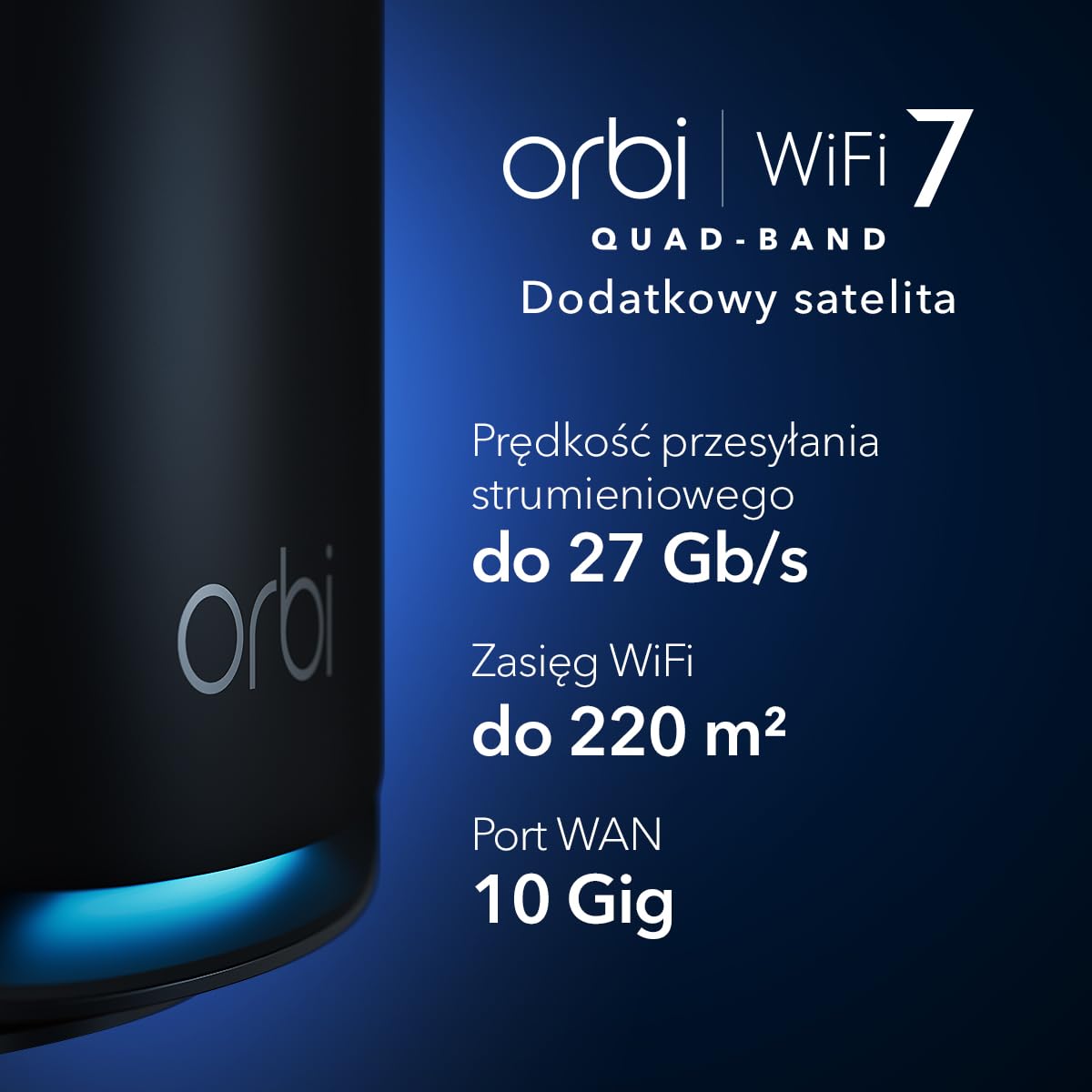NETGEAR Orbi serii 970 Czteropasmowy system mesh (RBE970B) w wersji czarnej z dodatkowym satelitą — działa z istniejącym systemem mesh lub routerem 970 — zwiększa zasięg do 220 m² — BE27000 802.11be