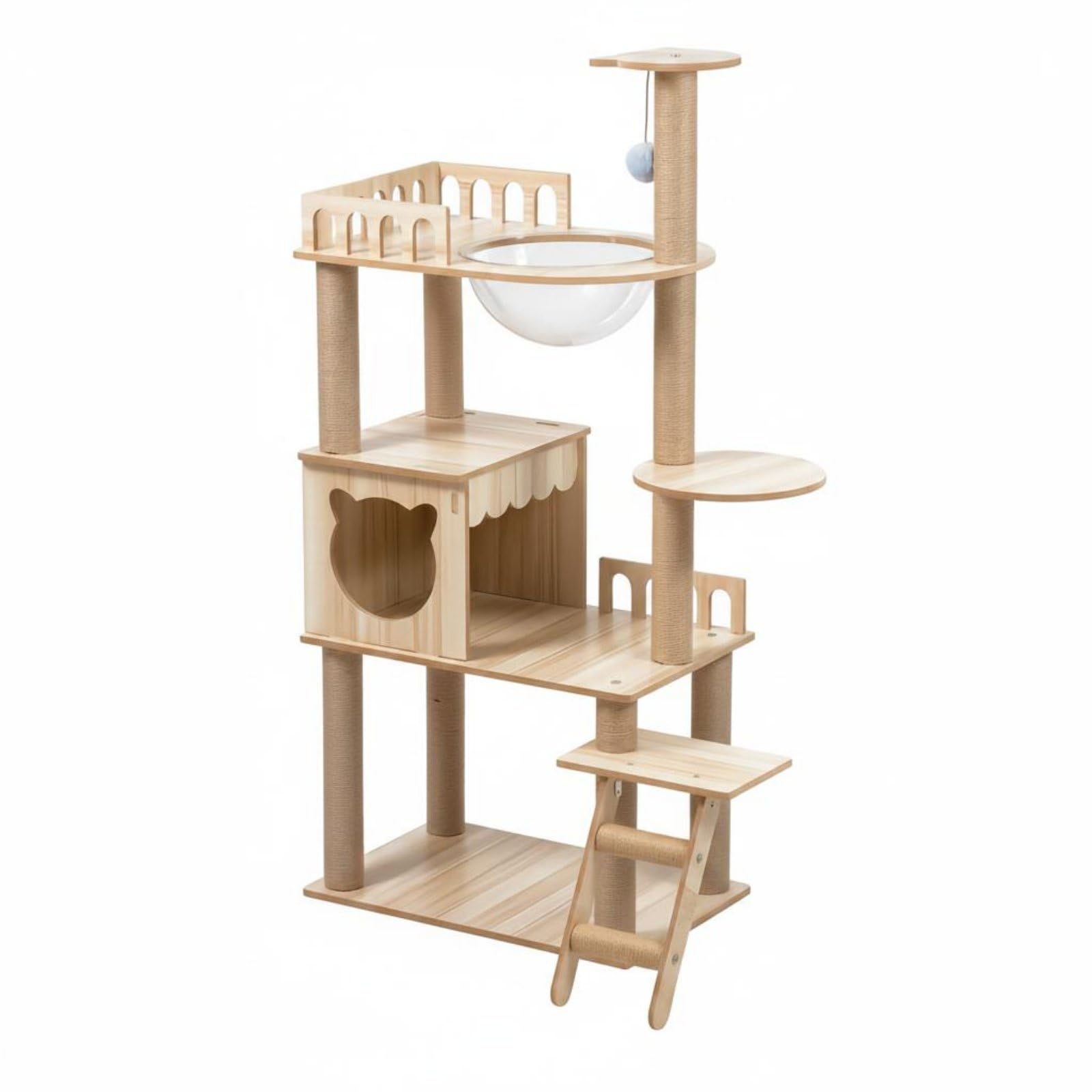 Estructura para Gatos con Torre Refugio y Rascador Diseño de Varios Niveles en Madera MDF con de Sisal y Cúpula Acrílica Base Estable Adecuado para, Madera Clara, Style to 2