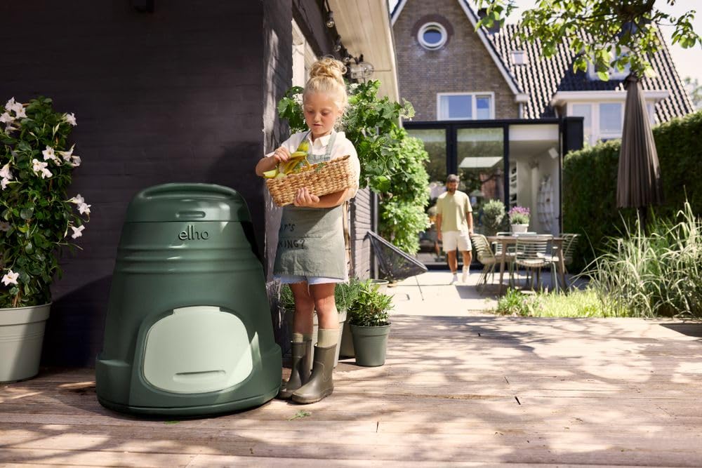 Elho Green Basics kompostownik ogrodowy, 200 l, 100% plastik z recyklingu, Ø dł. 66,6 x szer. 65,0 x wys. 72,5 cm, zielony/zielony liściasty