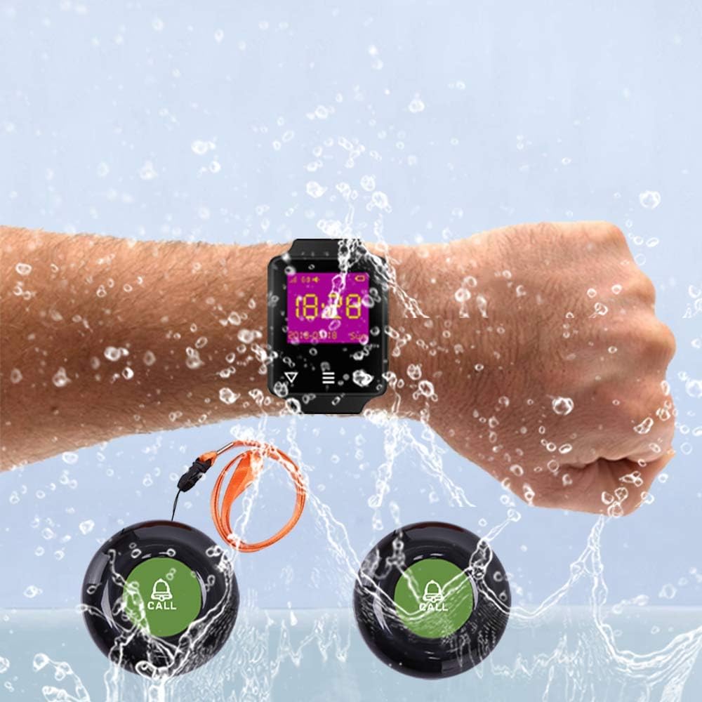 Vibration Caregiver Pager Home Alert Call Button System Nursing Call for Elderly/Patient/Disabled/Pregnant 1PC Waterproof Wrist Pager +2 PCS Portable Call Button