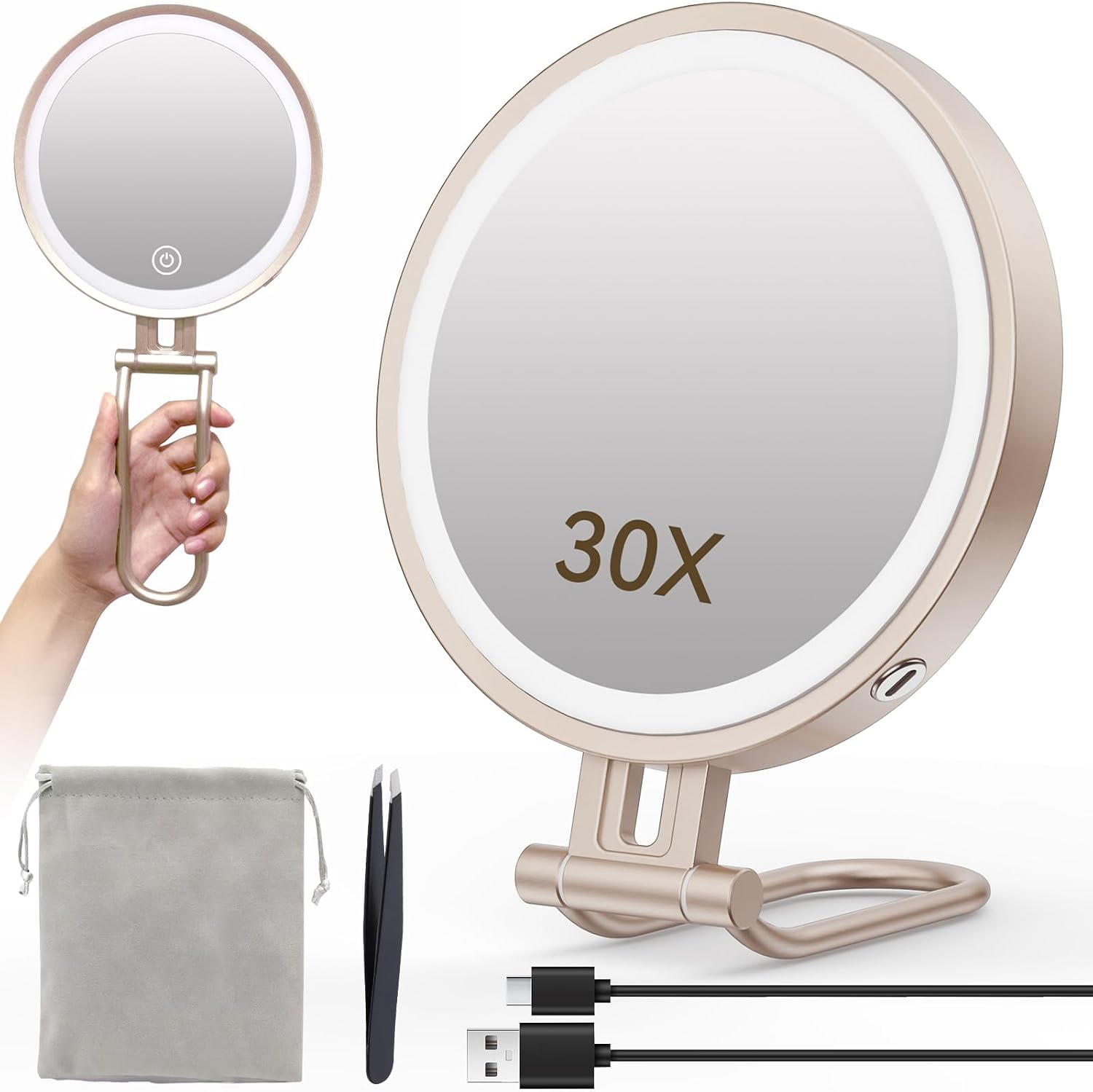 Travel Makeup Mirror with Lights,3000mAh Rechargeable 1X/30X Magnifying Mirror with Light, 7" Portable Lighted Beauty Mirror, Make Up Mirrors with 3 Light Colors, Dimmable Tabletop Handhold Hanging(N)