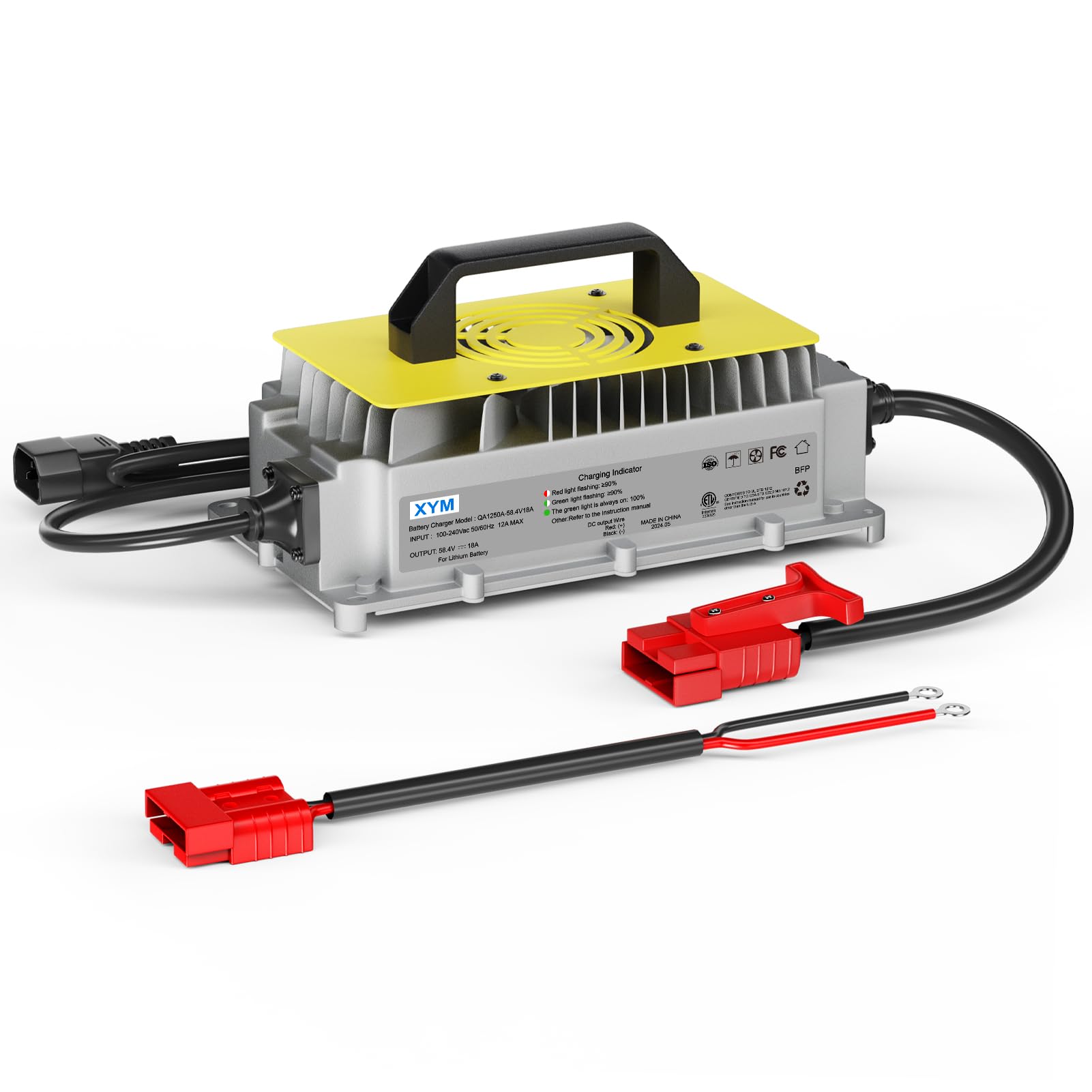 Rclithum 48V 18A Lithium Battery Charger connected to a 51.2V 150Ah LiFePO4 battery, plugged into a wall outlet.