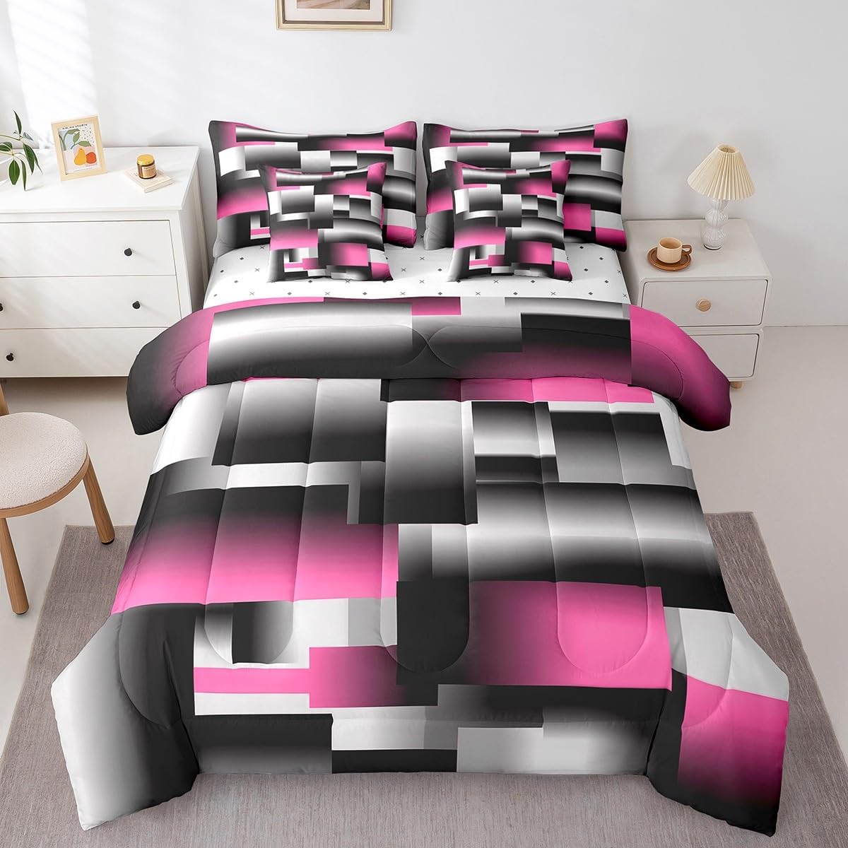 Feelyou Pink Gray Black Abstract Comforter Set Twin Size 7 Pieces Geometric Art Bedding Set Rectangle Room Decorative Sheet Bed Set Includes Comforter, Sheet Set, Pillowcases & Pillow Covers