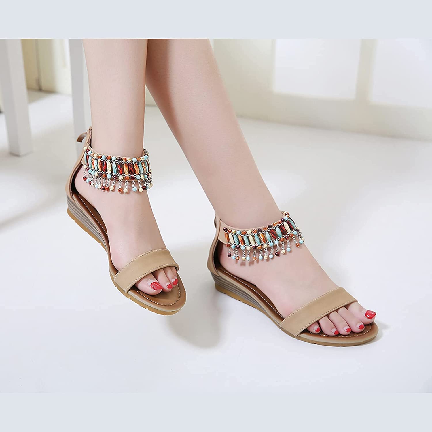 Sandalias Bohemias con Cremallera para Mujer, Chanclas de Playa de Verano, Zapatillas con Punta Abierta, Zapatos con Cremallera Plana Romana, Plataforma, Punta Abierta, Sandalias de tacón con