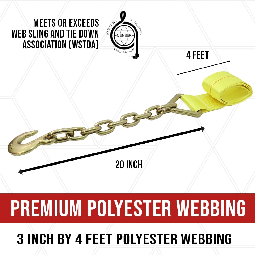 Boxer 2 Pack Roll Off Winch Strap 3" x 4' with Chain and Hook End 3/8” – Heavy Duty Container Hook 15,000 Pounds Breaking Strength