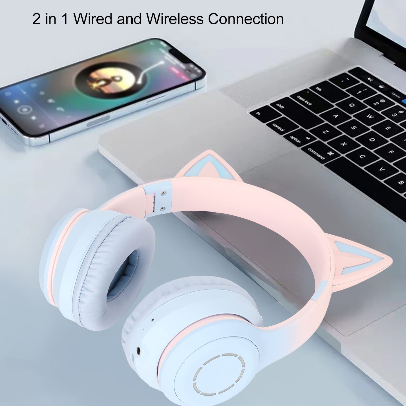 Auriculares Plegables Inalámbricos con Orejas de Gato Bluetooth para Juegos con Luz LED (Azul)