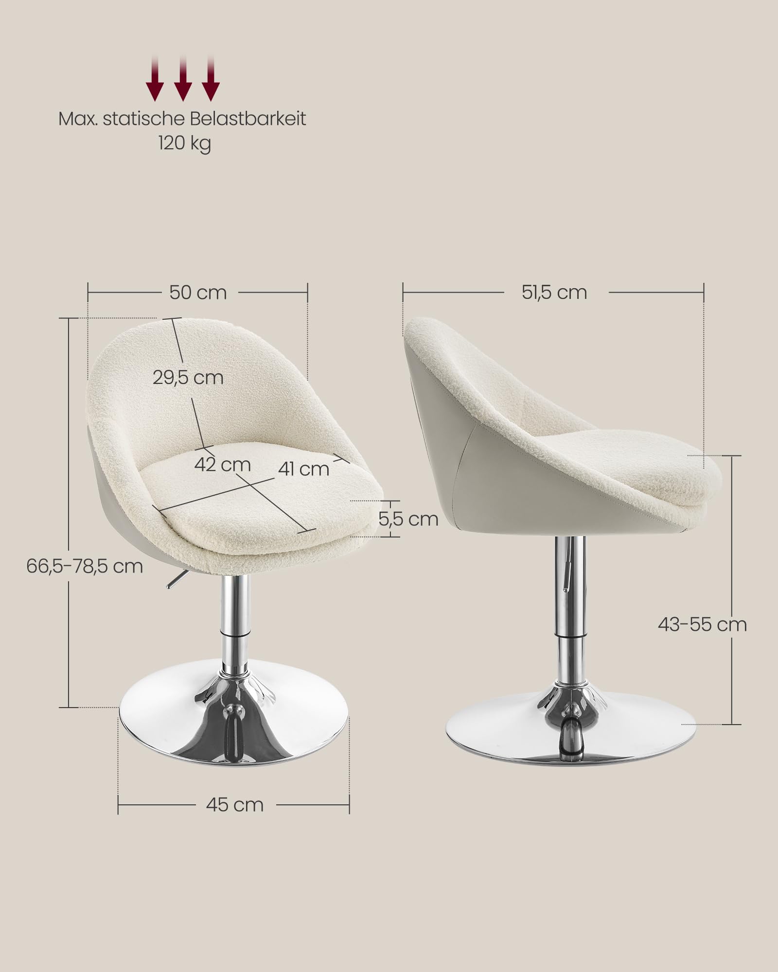 VASAGLE Stuhl verstellbar, Schminkstuhl, Bürostuhl, drehbar, Barhocker mit Rückenlehne und Sockel, Stahl, für Theke, Büro, Schminktisch, Esszimmer, cremeweiß LJB100W01