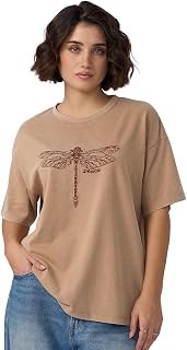 The Souled Store Dragonfly Peace Women and Girls Short Sleeves Round Neck Brown Embroidered Cotton Oversized T-Shirts Price In India