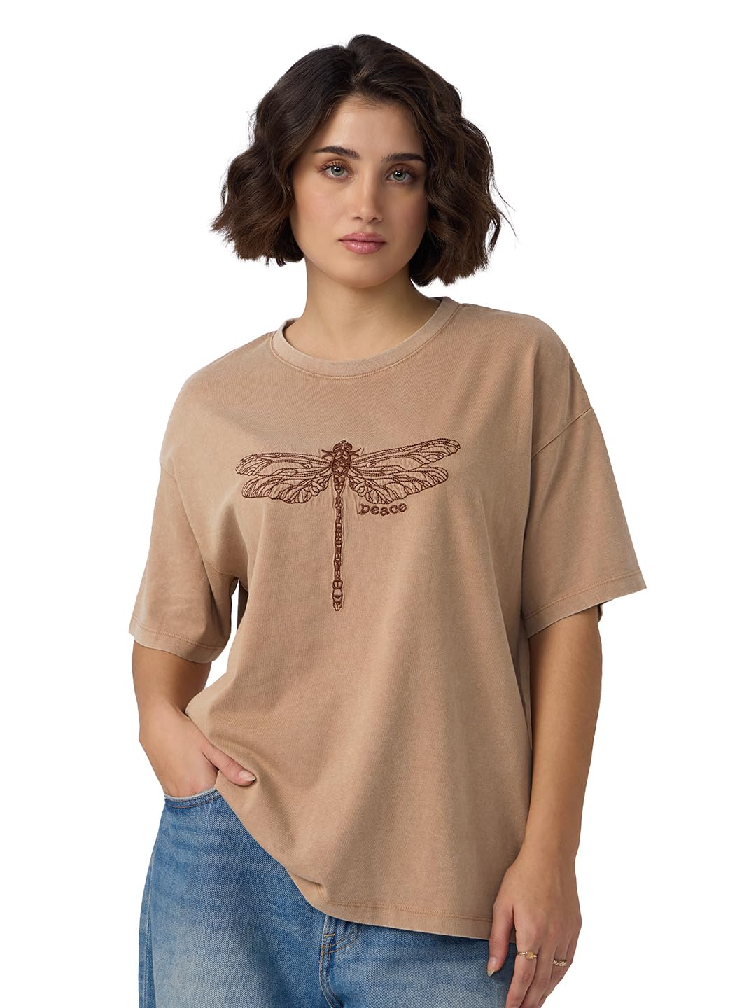 The Souled Store Dragonfly Peace Women and Girls Short Sleeves Round Neck Brown Embroidered Cotton Oversized T-Shirts - Review, Price and Buying Guide