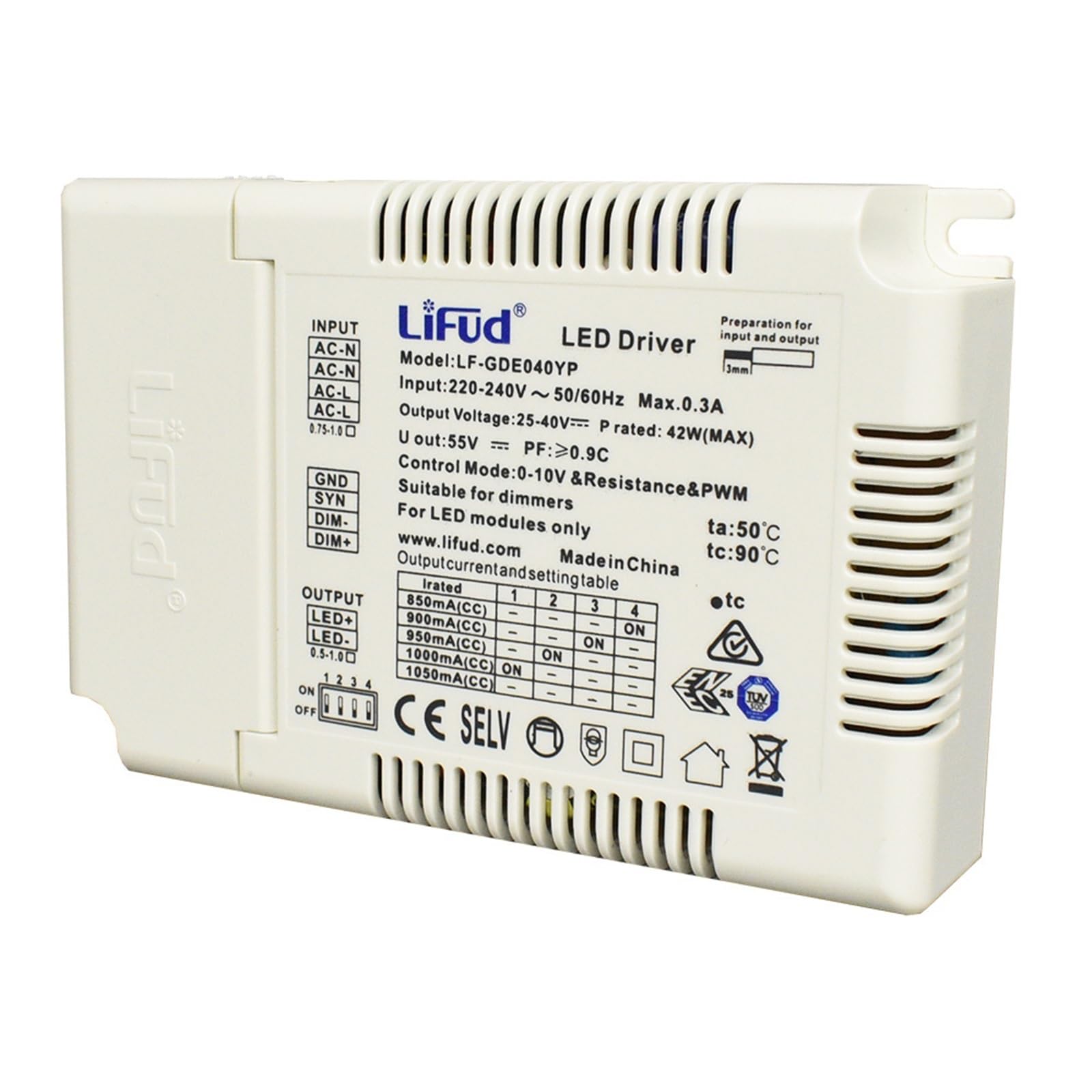 Sterownik LED bez migotania 40 W, 0-10 V, opór PWM, możliwość ściemniania, ściemniacz SYNC UE, zasilacz 1 A do oświetlenia komercyjnego, 220-240 V, maks. 32 W lub maks. 42 W (rozmiar: 25-40 V 850-1050