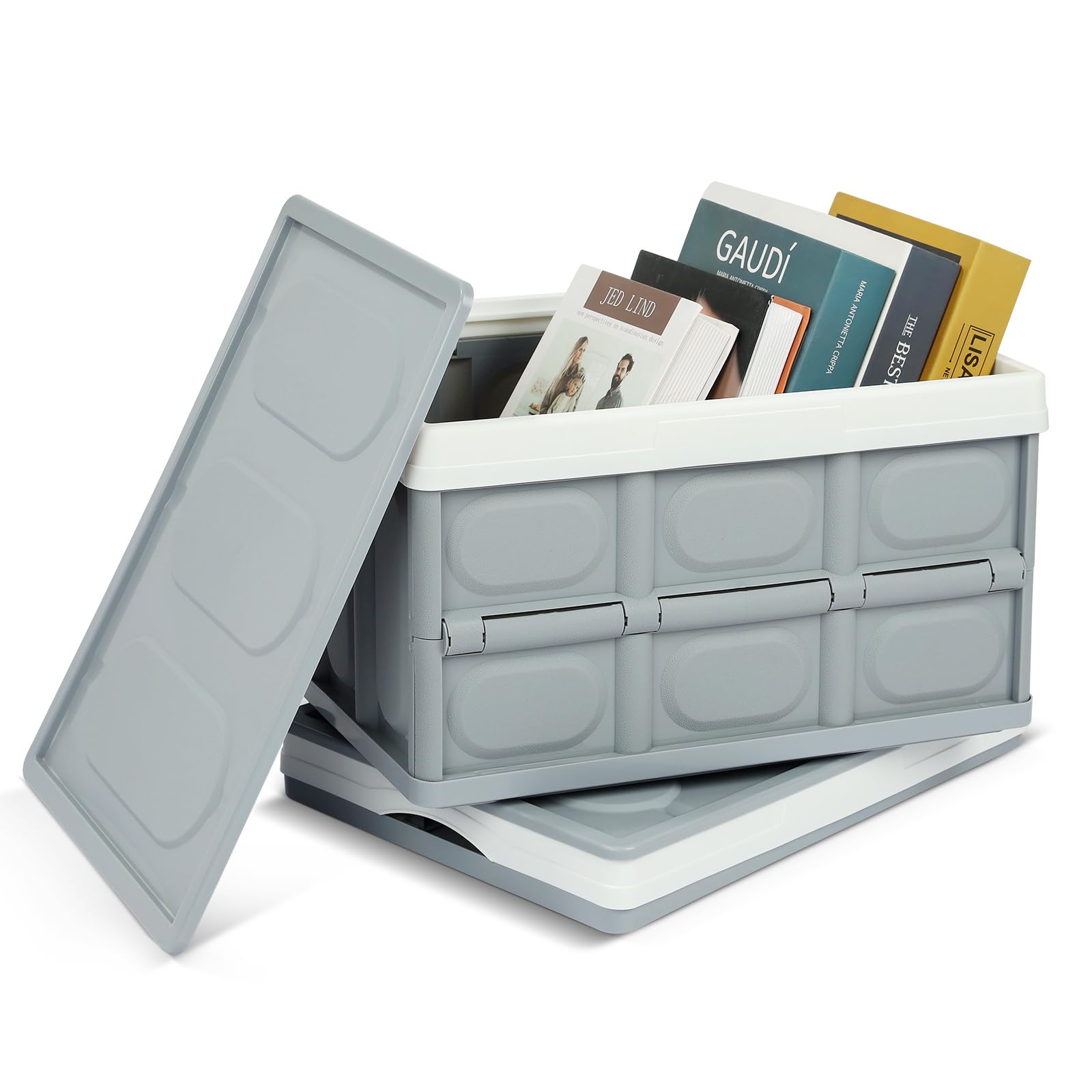 2 Stück Faltbare Aufbewahrungsbehälter mit Deckel Kisten Kunststoff Klappbox Transportbox Container 30L Lagerbehälter Für Kleidung, Bücher, Snack Aufbewahrungsboxen Regalkörbe Storage Box (Grau)