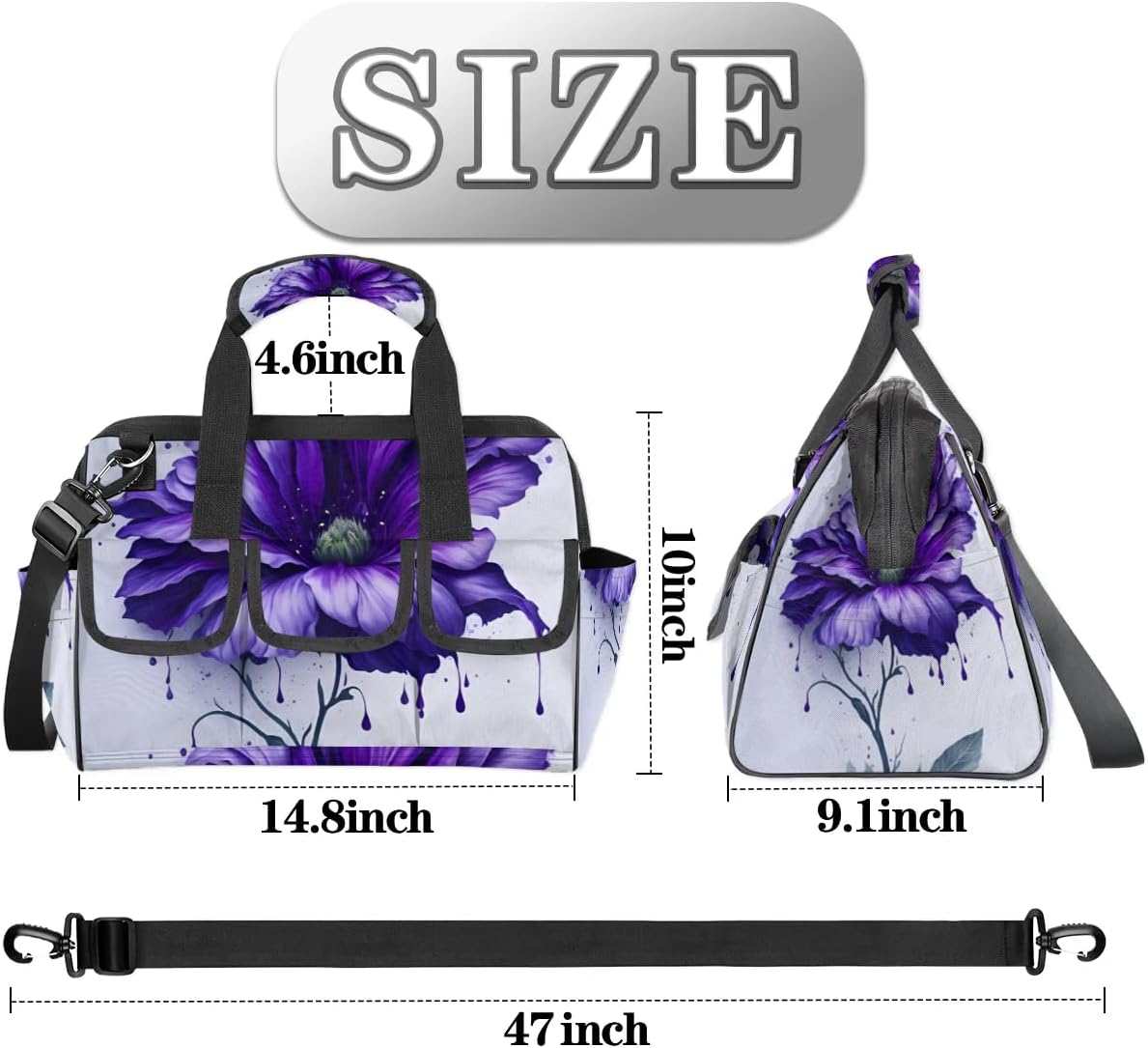 15 Inch Tool Bag 14-Pockets Tool Box Organizer for Men Big Floral Purple Tool Tote Bag Waterproof Toolbox with Shoulder Strap Heavy Duty Garden Tool Organizer for Mechanic