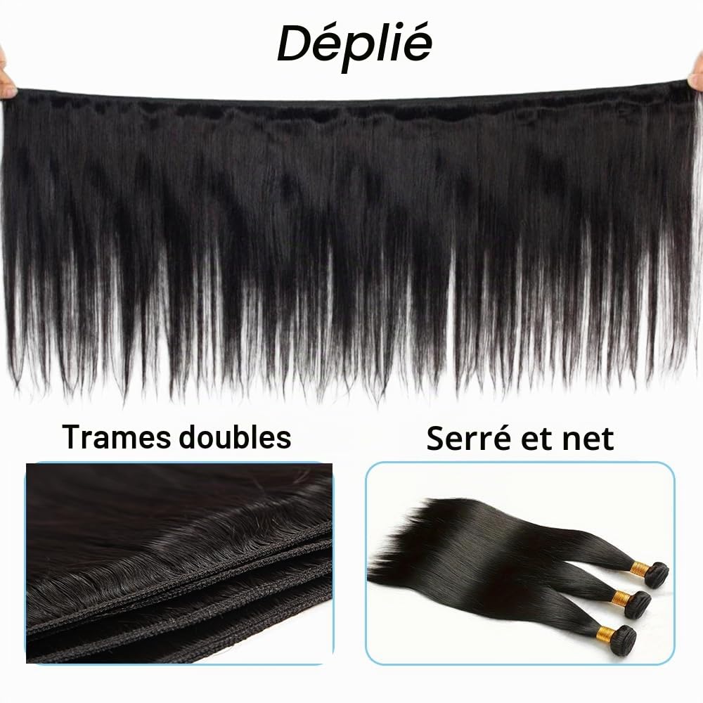 Tissage Naturel Cheveux Humain en lot 3 Bundles Human Hair Mèches Tissage Brésilien Straight Double Weft Naturelle Couleur 14 16 18 Pouces(Total 210g)