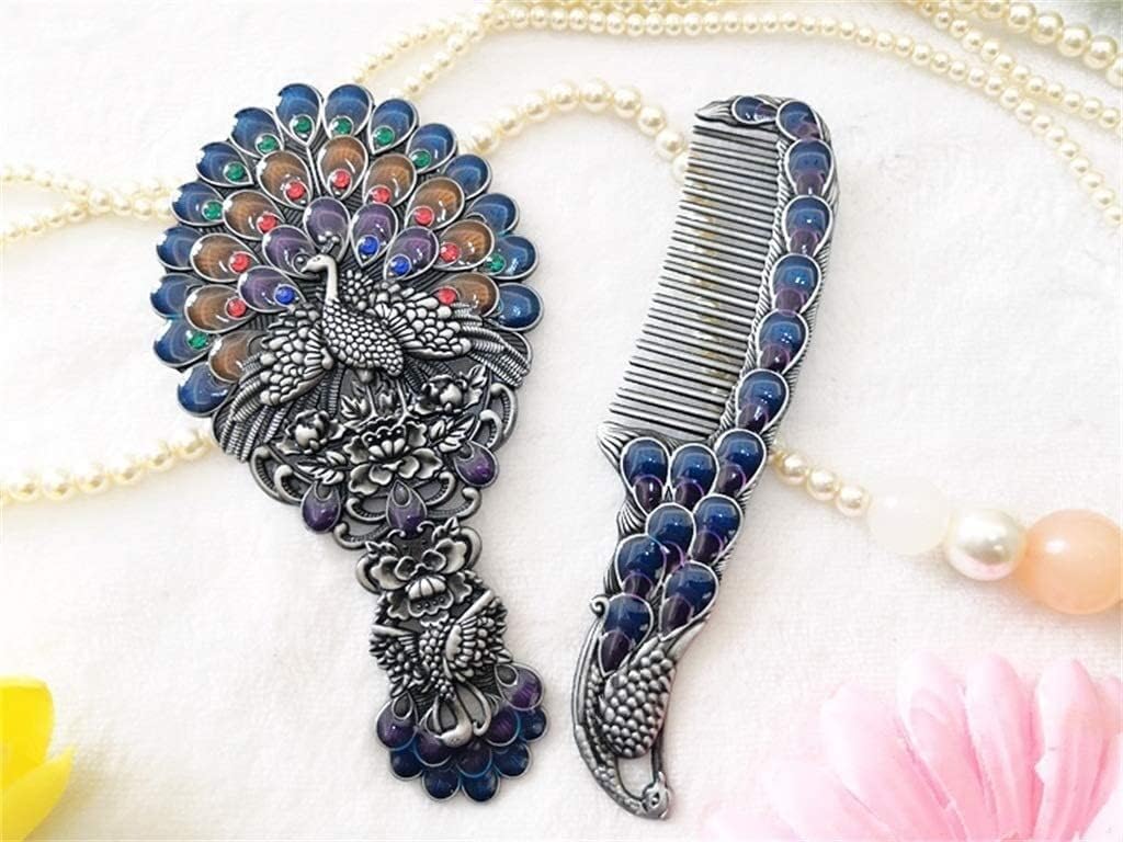 Vintage Hand Mirror,Hand Held Mirrors, Dressing Table Make up Mirror Chinese Vintage Hollow-Out Open Bottle of Peacock Mirror Creative