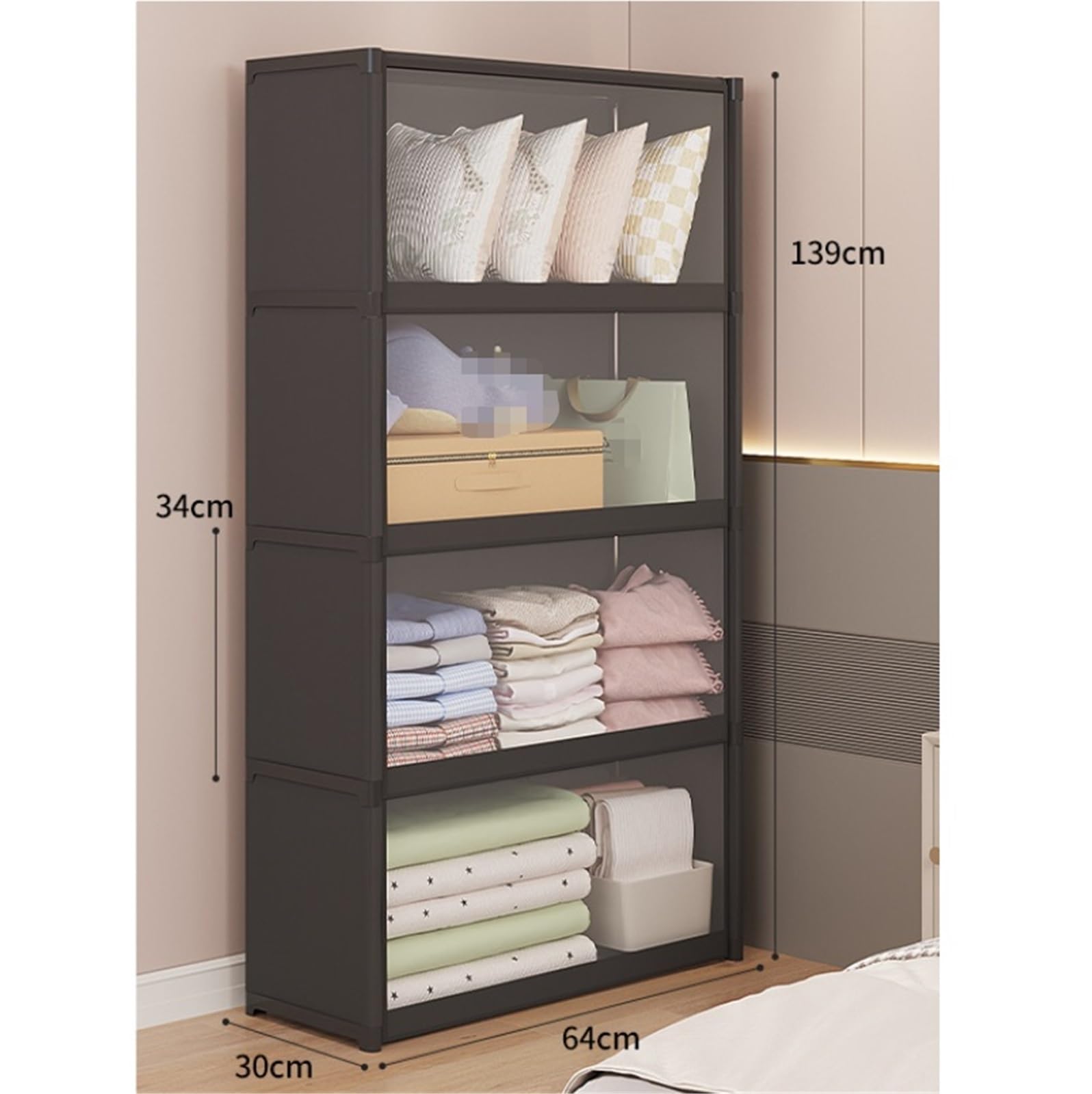 Armadio Scaffale Scaffale Armadio In Tessuto Semplice, Ripiani For Armadio Portatili Rimovibili, Porta Abiti For Armadio Della Camera Da Letto Armadio Portatile per Soggiorno(Black,139x64x30cm)