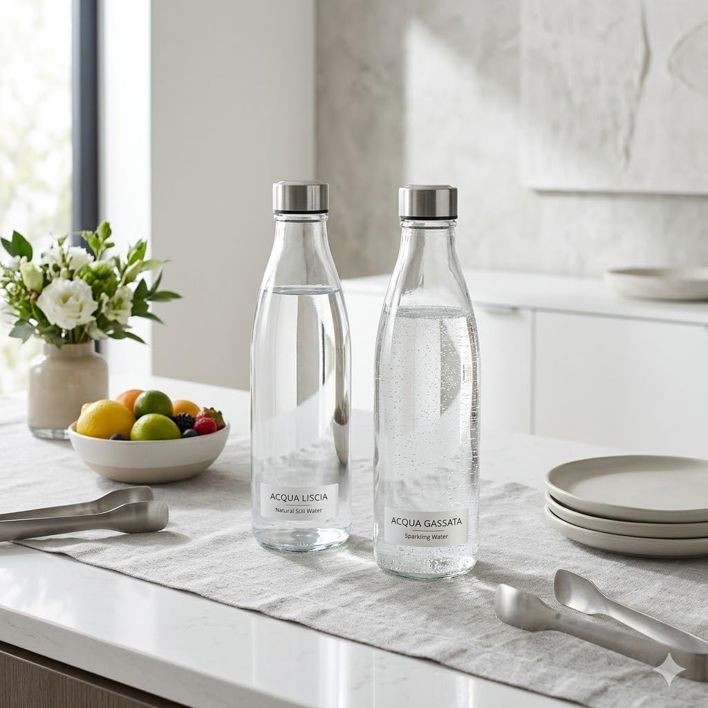 Bottiglia in vetro 1 litro con tappo a vite in acciaio per acqua o vino da tavola dispenser buffet bibite succhi per servire con eleganzaper uso quotidiano o professionale per hotel ristoranti