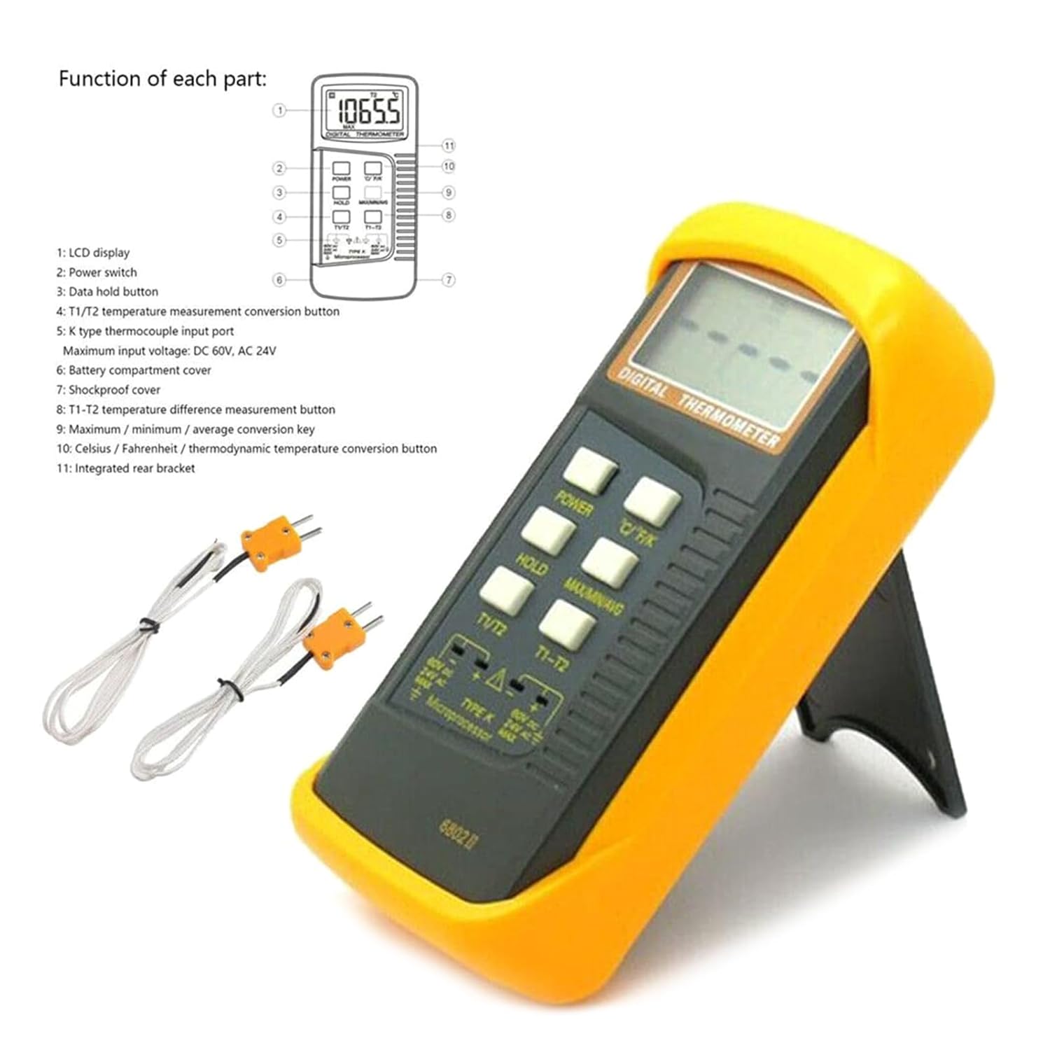 6802II Digital Temperature Tester Duouble Channel Thermometer Temperature Meter TypeK with Display Screen +Pipe Clamps Digital Thermocouple Thermometer