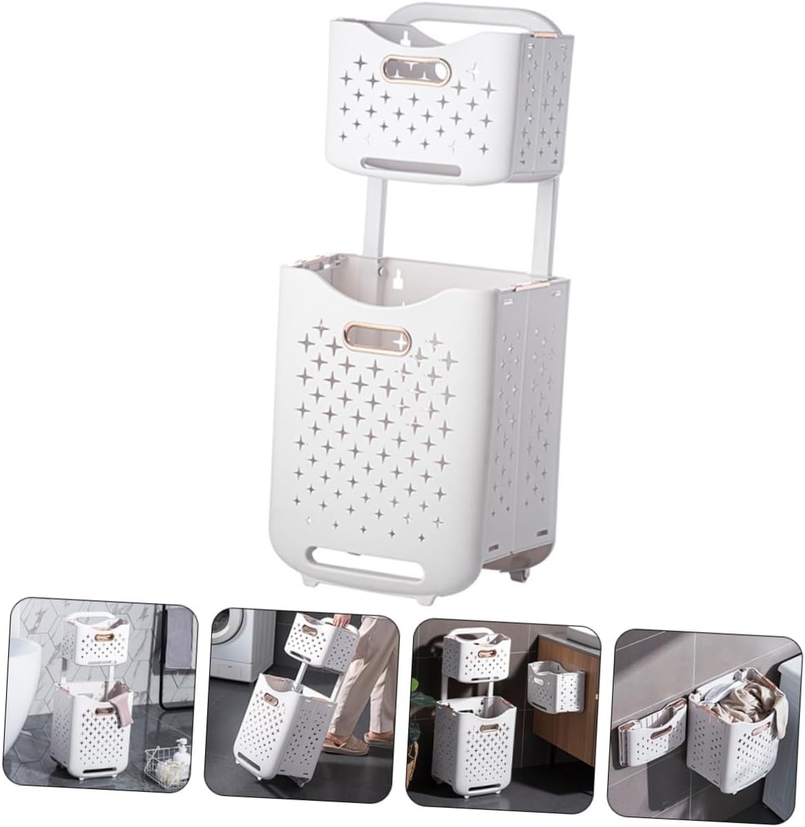 Double Layer Foldable Laundry Basket with Rolling Wheels Spacious Dirty Clothes Hamper for Bathroom and Bedroom Storage Smooth Surface Brake Wheel for Stable Movement Family Use