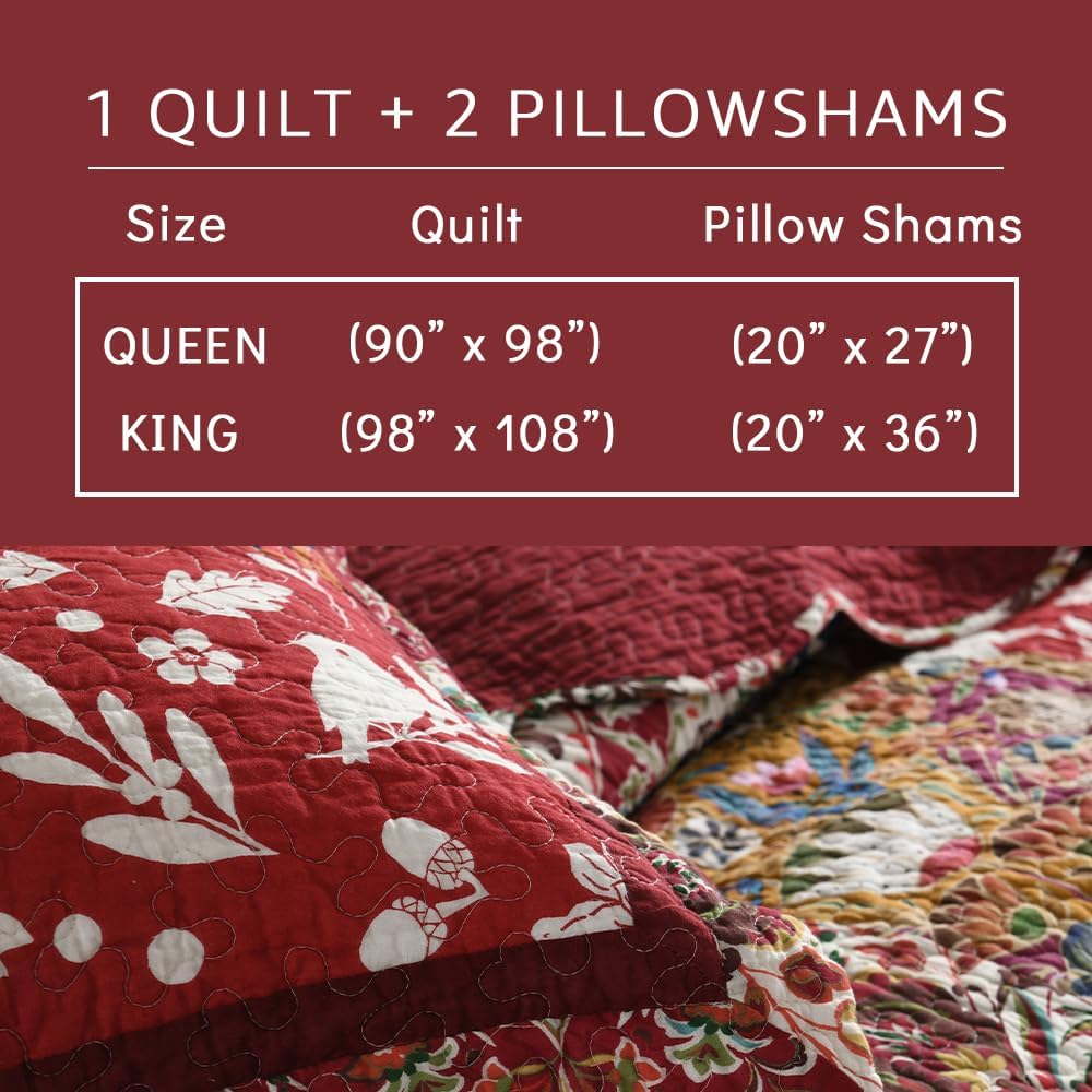 Cotton Bedspread Quilt Bedding Sets 3 Pieces Reversible Coverlet Sets Comforters Gorgeous Paisley Floral Patchwork Red Bedspread, King Size