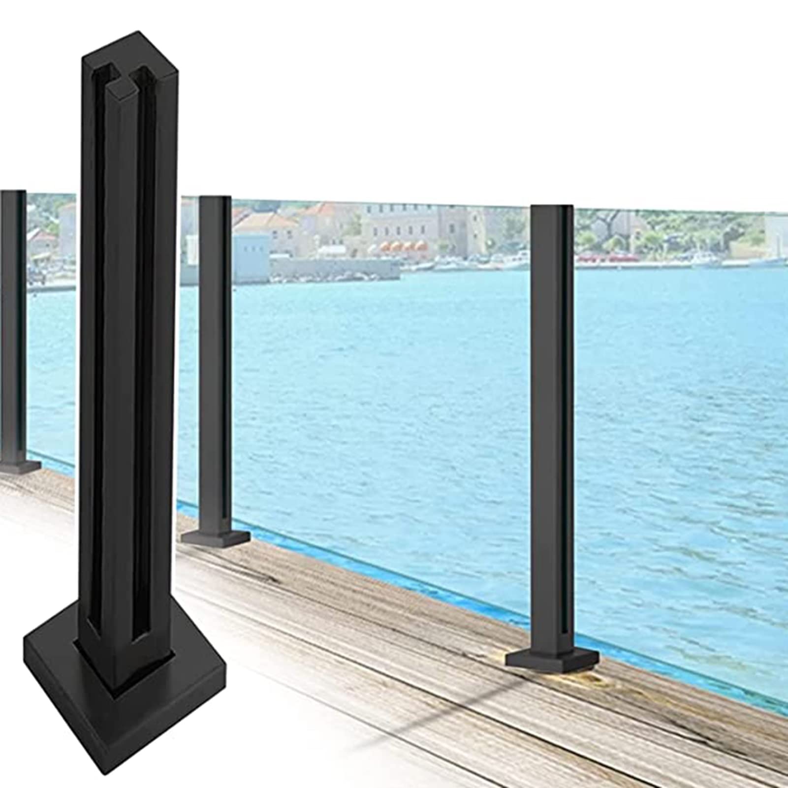 Szklany słupek balustradowy, kwadratowy zestaw słupków szklanych – czarna poręcz ze stali nierdzewnej 304 na balkon, montowana z boku, regulowana 75 cm, czarny słupek narożny H-75 cm