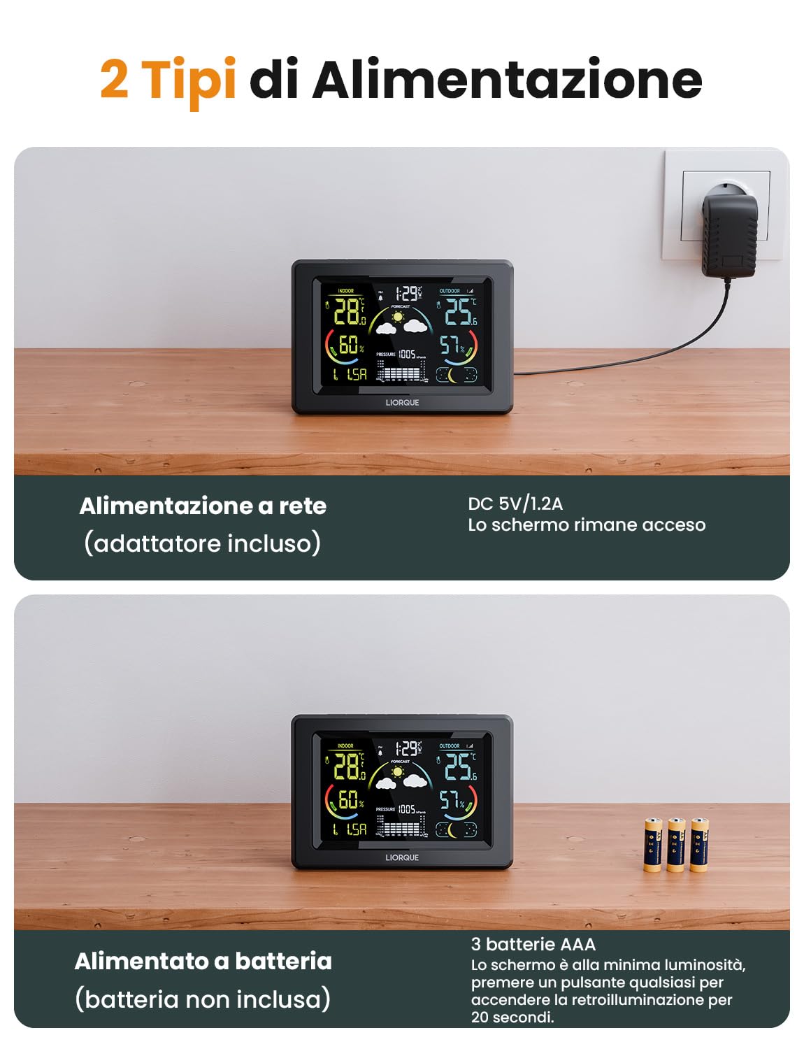 LIORQUE Stazione Meteo con Sensore Esterno, Display a colori LCD VA, Stazione Meteo con Sveglia, Fase Lunare, Previsioni Meteo, Data,Retroilluminazione Regolabile, Igrometro
