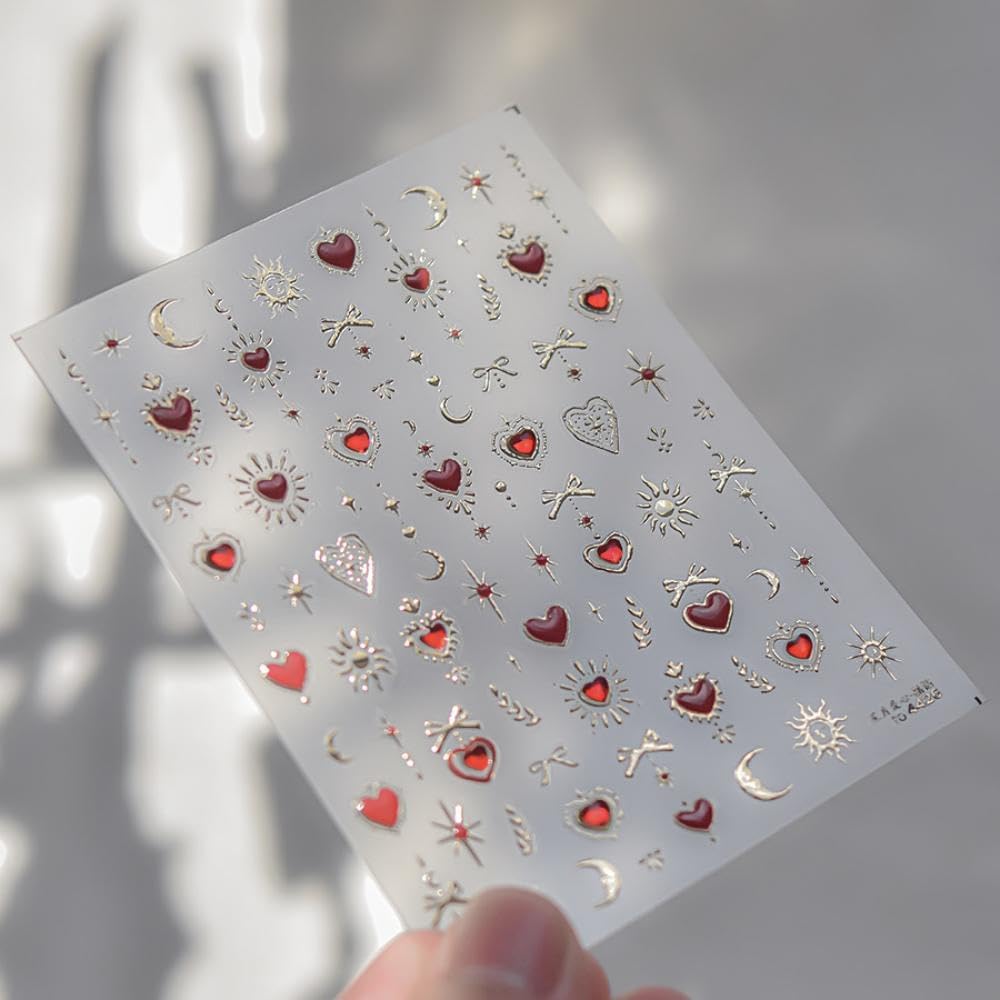 Heart Nail Sticker Decals Star Moon Nail Art Stickers with Diamond Design Red Blue Nails Decals 5D Embossed Self Adhesive Love Nail Charms for Women Girls Kid Manicure Supply Decoration Accessories