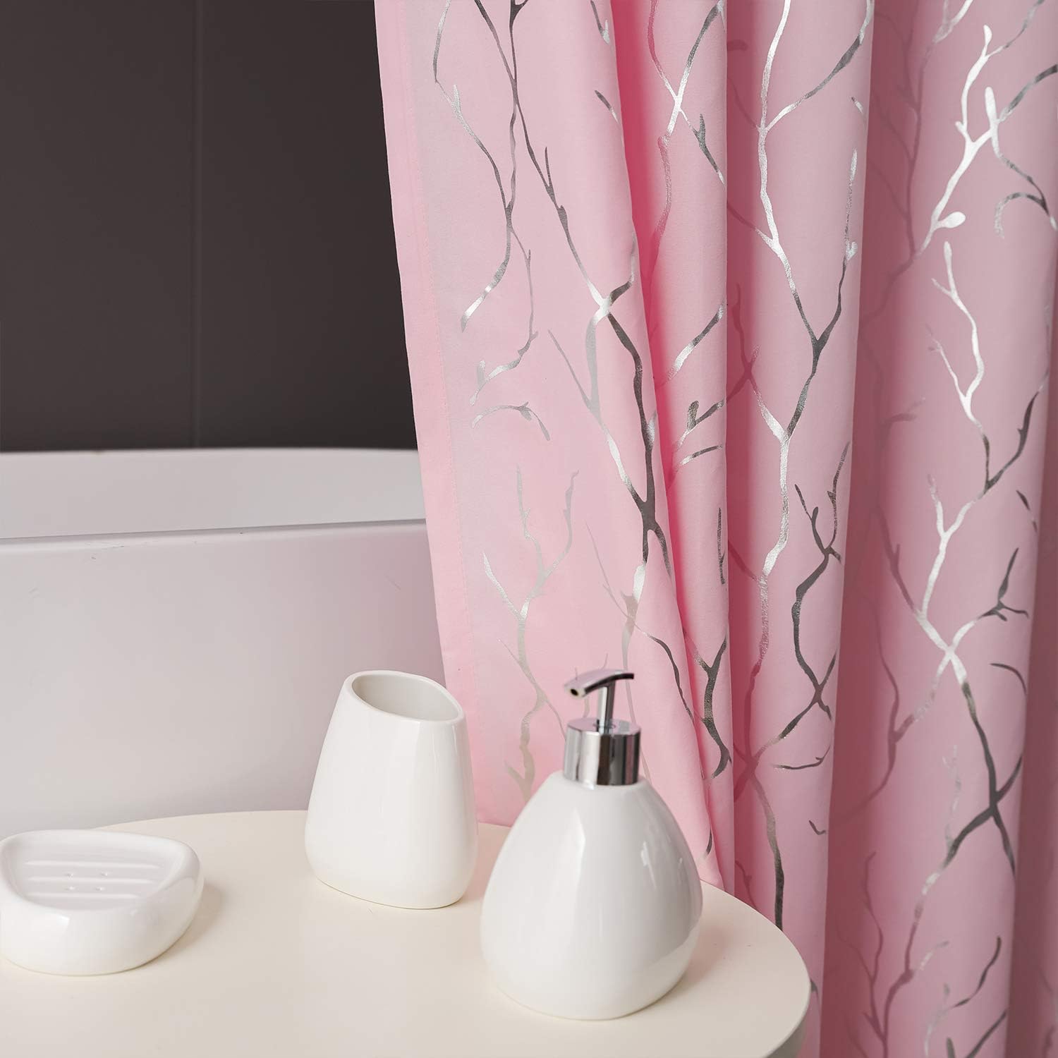 FINECITY Pink Shower Curtain Set - Metallic Silver Foil Tree Branch Pattern Print Grommet Shower Curtain with 12 Hooks for Bathroom (NOT Waterproof), 72 x 72 Inch, Silver Pink