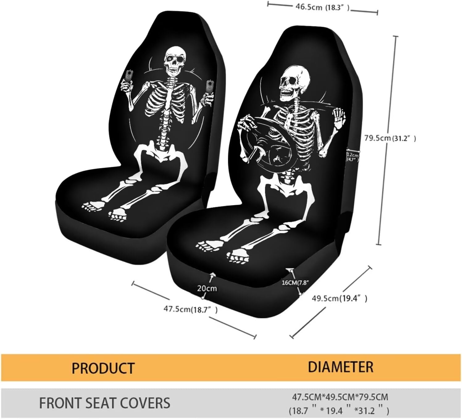 Skull Print 2PCS Car Seat Covers, Breathable Auto Seat Cushion Scratch-Resistant Sedan Interior Covers Easy to Clean Bucket Seat Cover Fit for Vans SUV Truck