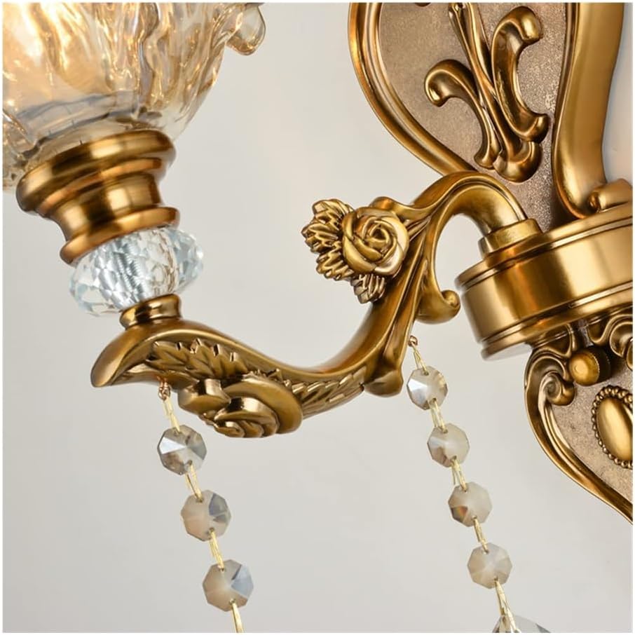Vintage Crystal Wall Sconce, 2-Light Vintage Wall Lamp with Flower Glass Shade, Luxury Gold Wall Lighting Fixture for Bedroom, Living Room, Bathroom, Hallway, E12 Base(5in)