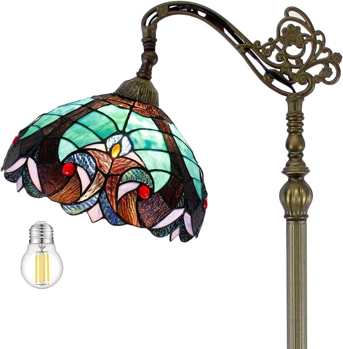 WERFACTORY Tiffany Floor Lamp Green Liaison Stained Glass Arched Lamp 12X18X64 Inches Gooseneck Adjustable Corner Standing Reading Light Decor Bedroom Living Room S160G Series